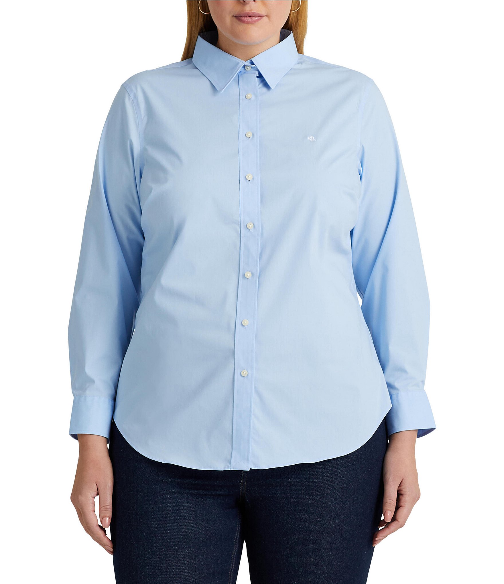 Lauren Ralph Lauren Plus Size Easy Care Point Collar Long Sleeve Button  Front Shirt