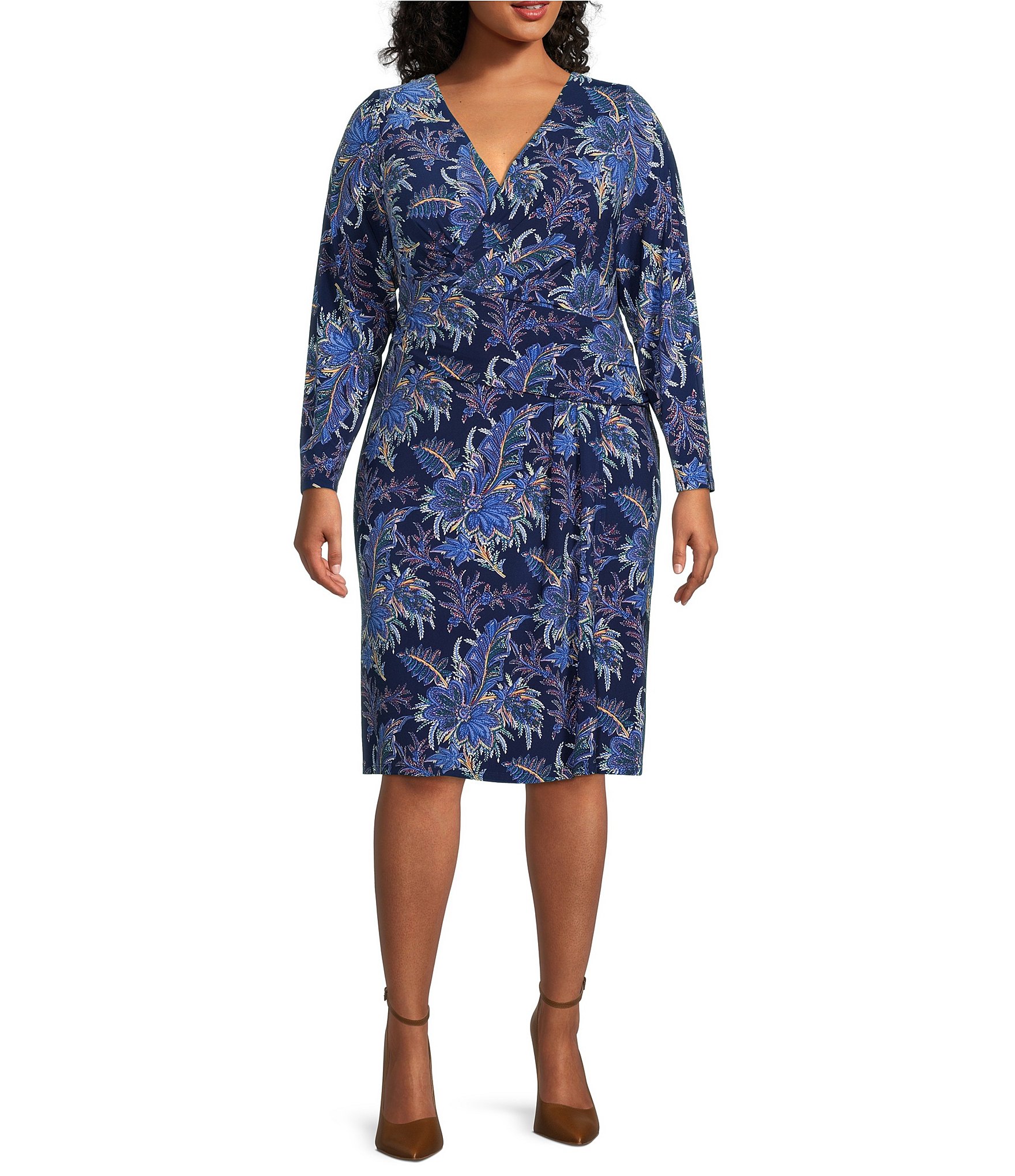 Lauren Ralph Lauren Plus Size Floral Print Long Sleeve Surplice V-Neck Jersey  Dress | Dillard's