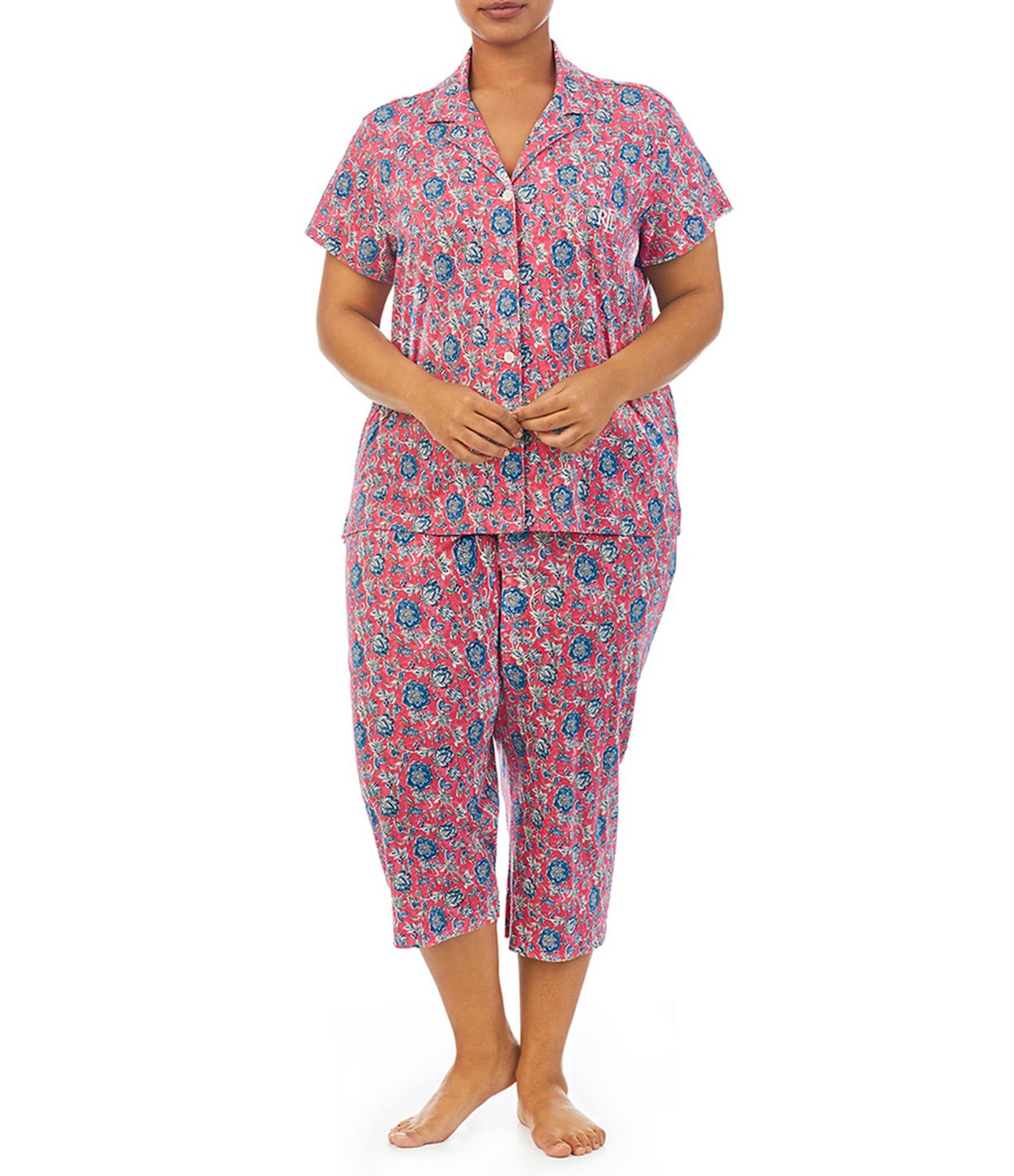 Lauren Ralph Lauren Plus Size Floral Print Notch Collar Short Sleeve Knit  Pajama Set