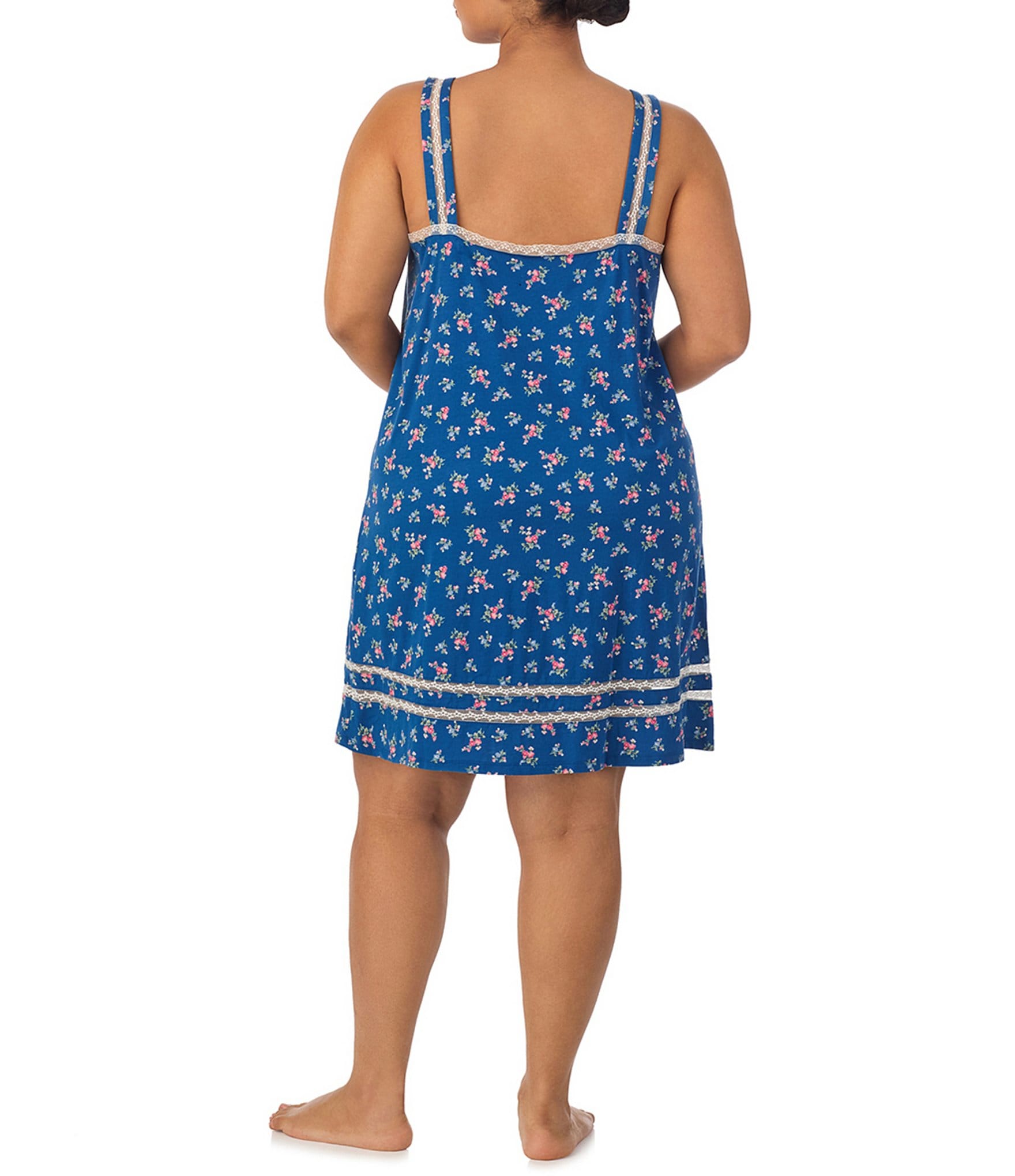 Lauren Ralph Lauren Plus Size Floral Print Sleeveless Square Neck Lace Trimmed Jersey Knit Short Nightgown