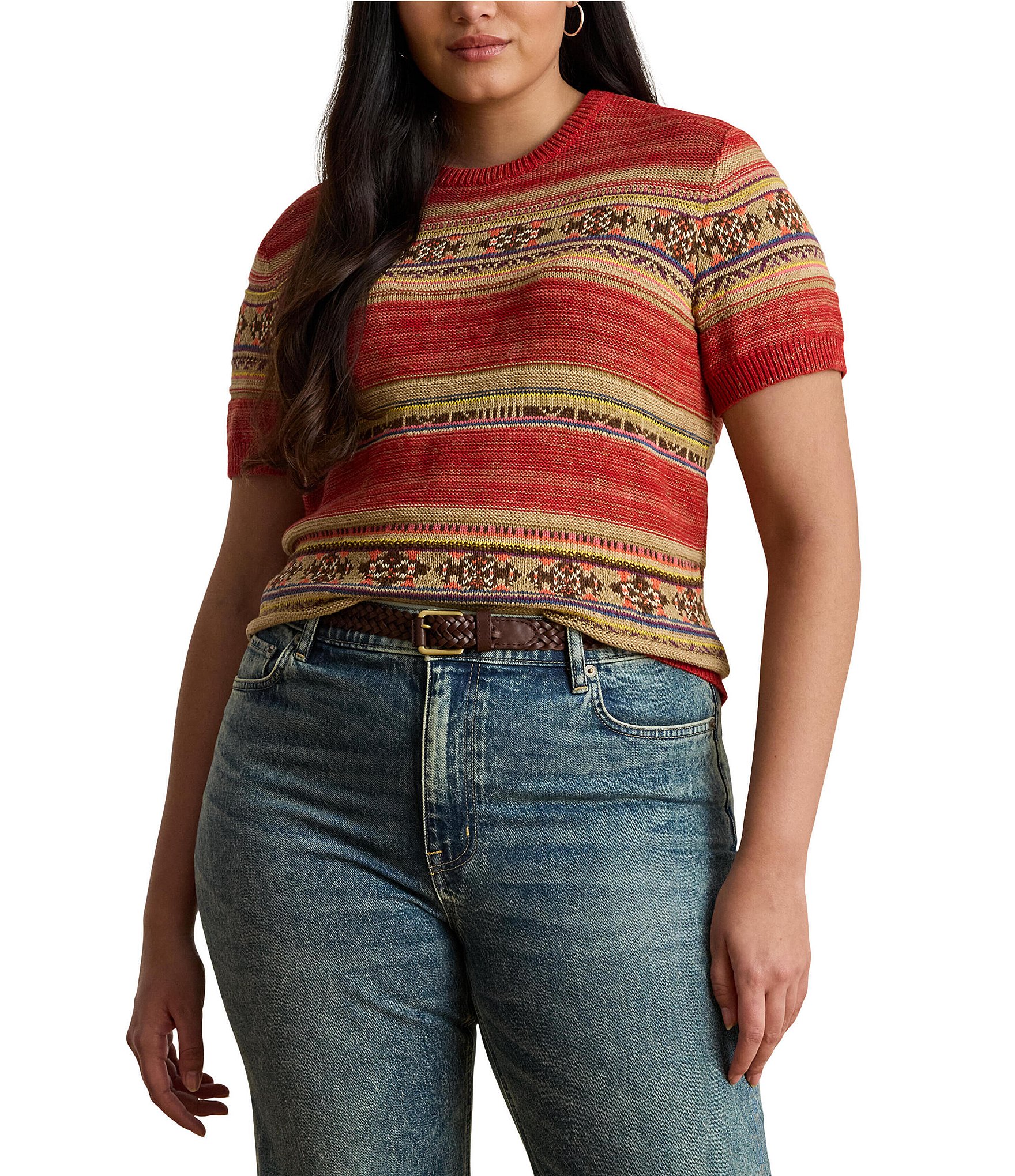 Lauren Ralph Lauren Plus Size Geometric Stripe Ribbed Crew Neck Short Sleeve Pullover Sweater