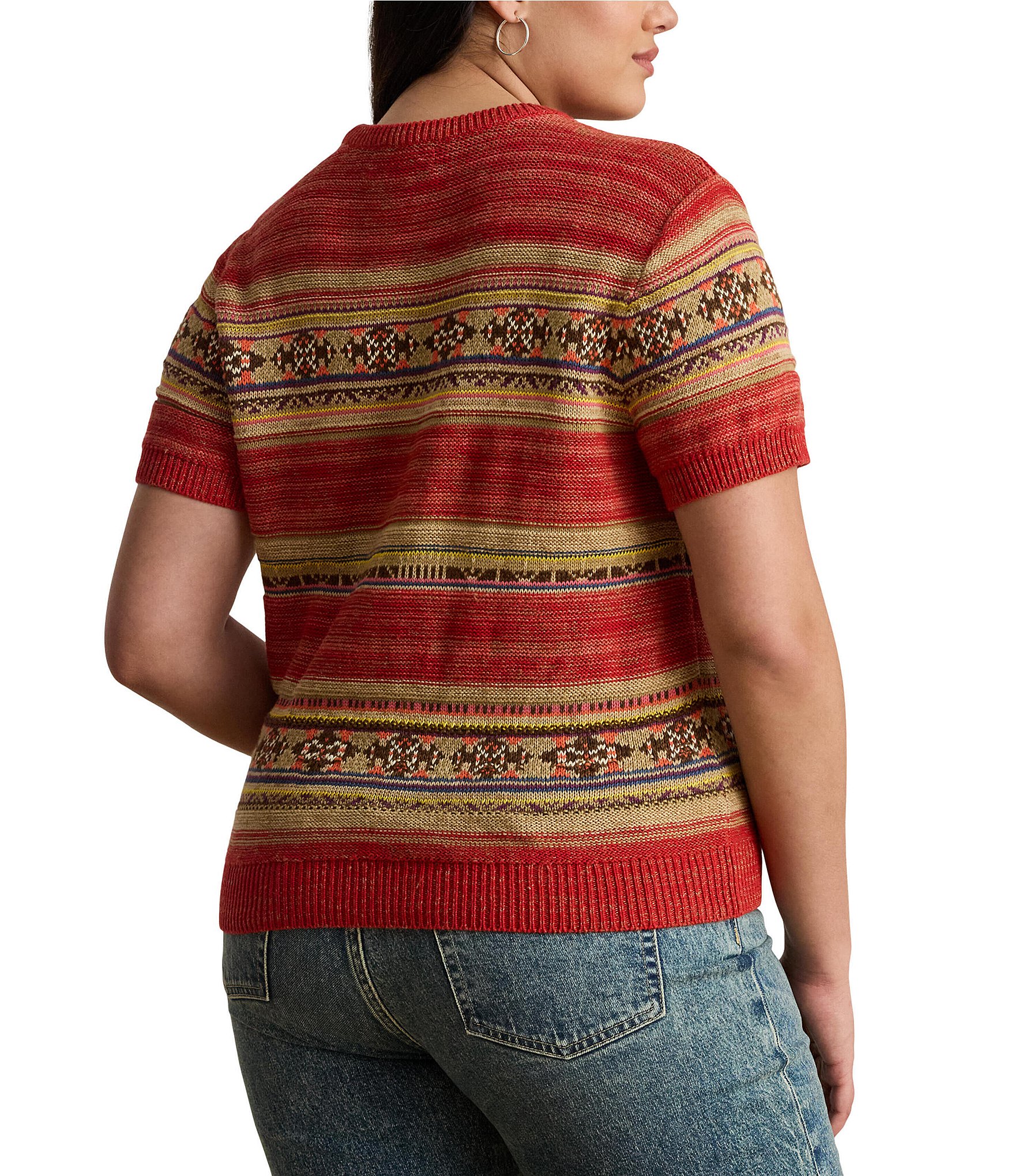 Lauren Ralph Lauren Plus Size Geometric Stripe Ribbed Crew Neck Short Sleeve Pullover Sweater