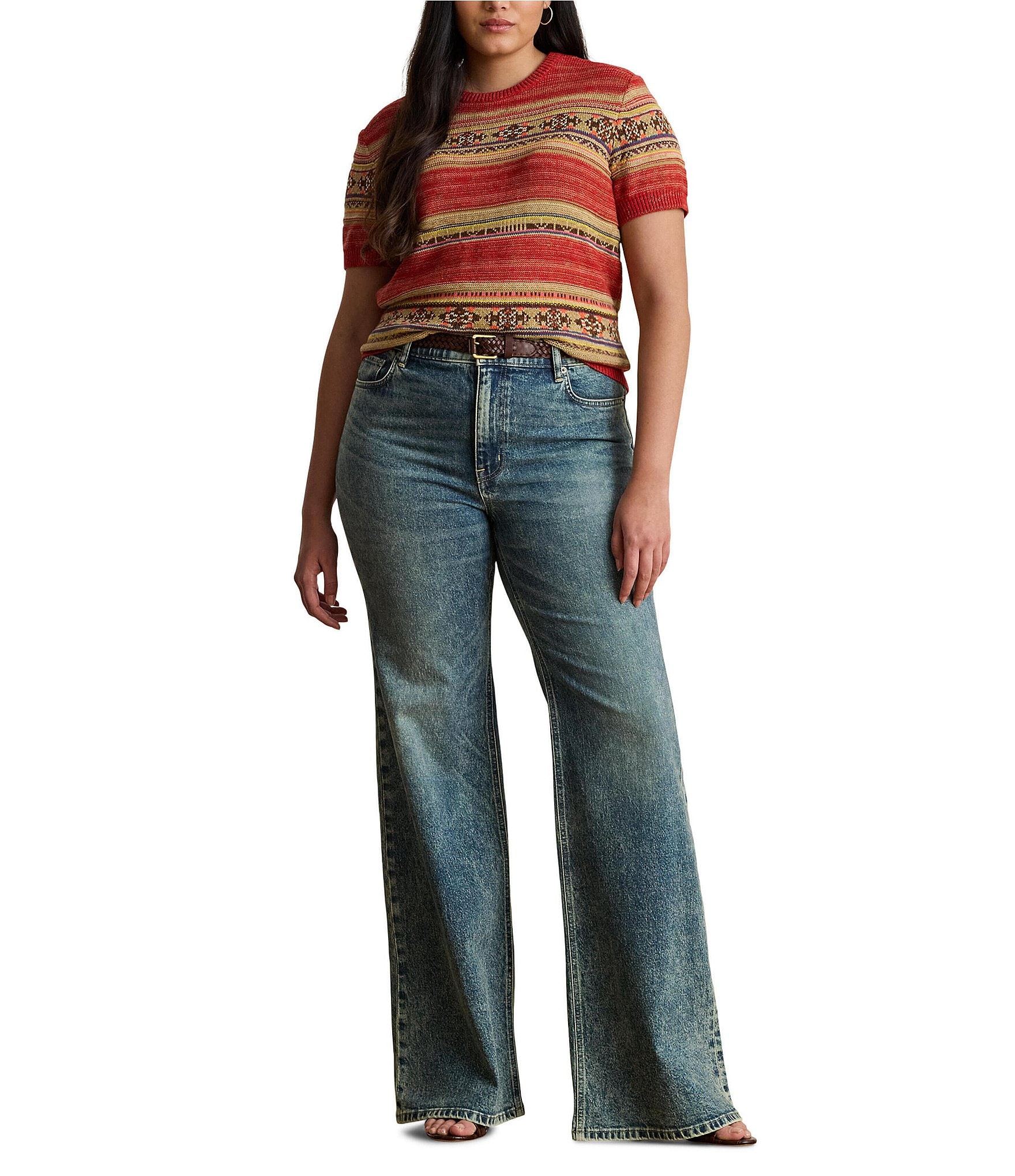 Lauren Ralph Lauren Plus Size Geometric Stripe Ribbed Crew Neck Short Sleeve Pullover Sweater