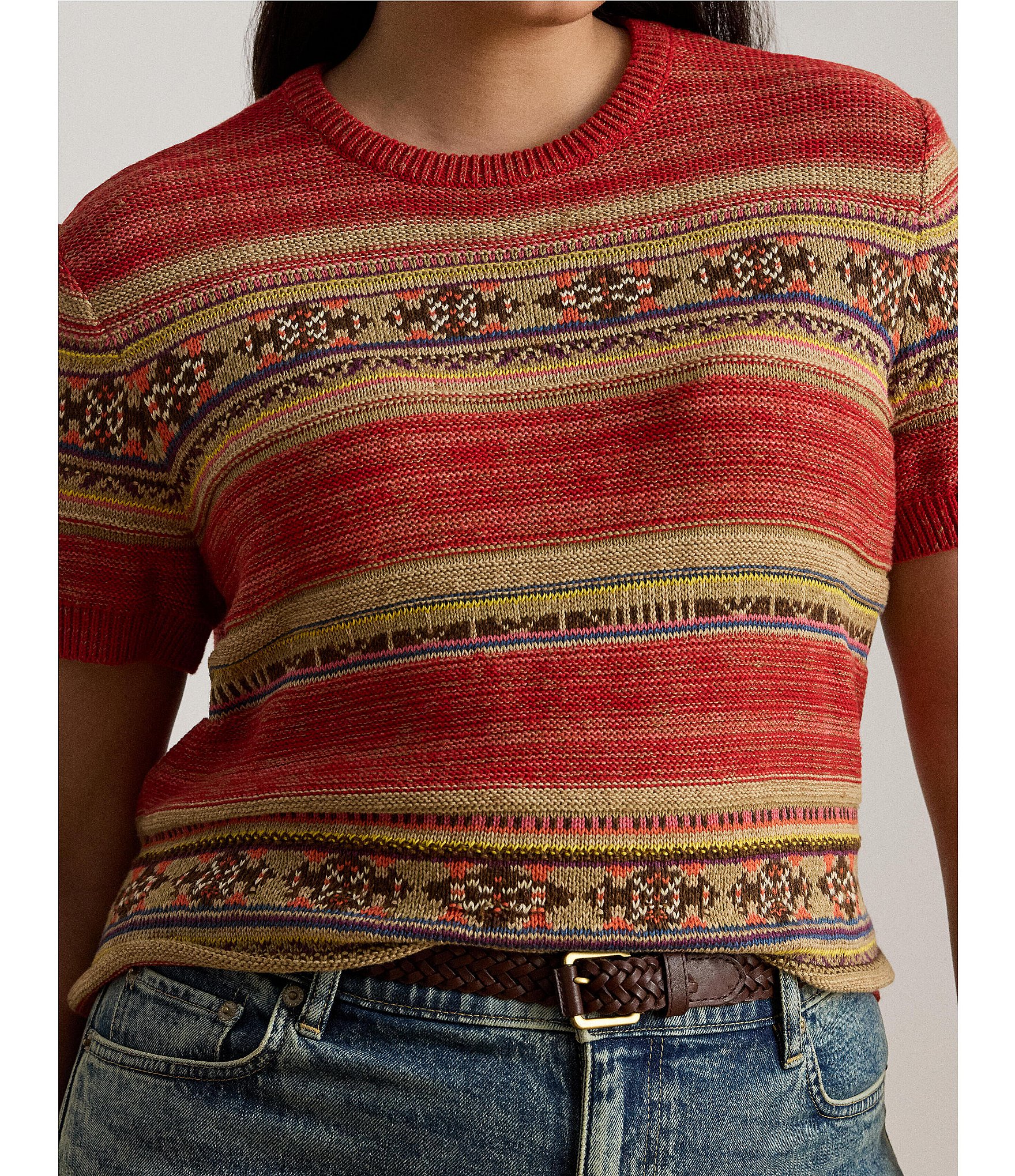 Lauren Ralph Lauren Plus Size Geometric Stripe Ribbed Crew Neck Short Sleeve Pullover Sweater