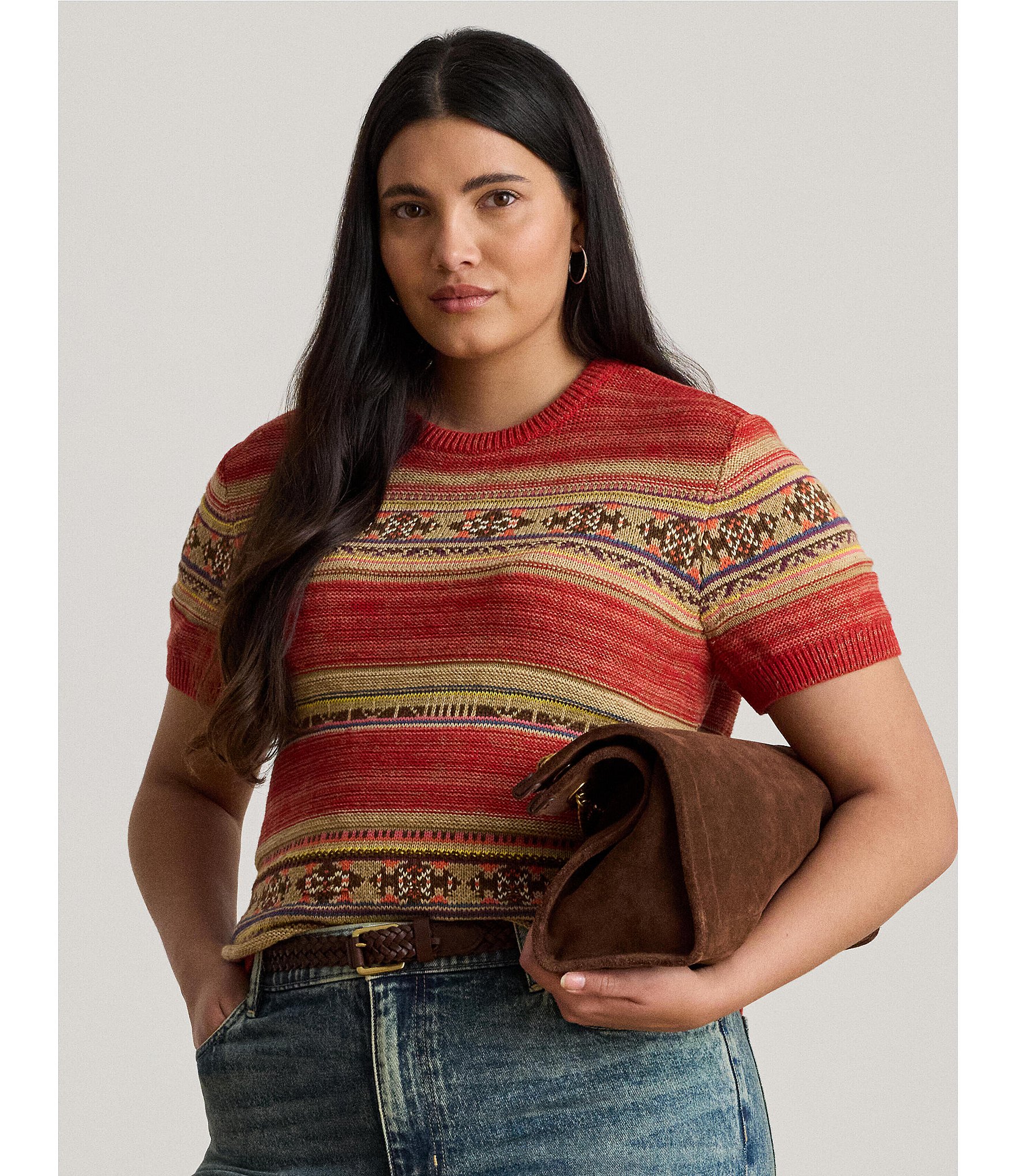 Lauren Ralph Lauren Plus Size Geometric Stripe Ribbed Crew Neck Short Sleeve Pullover Sweater