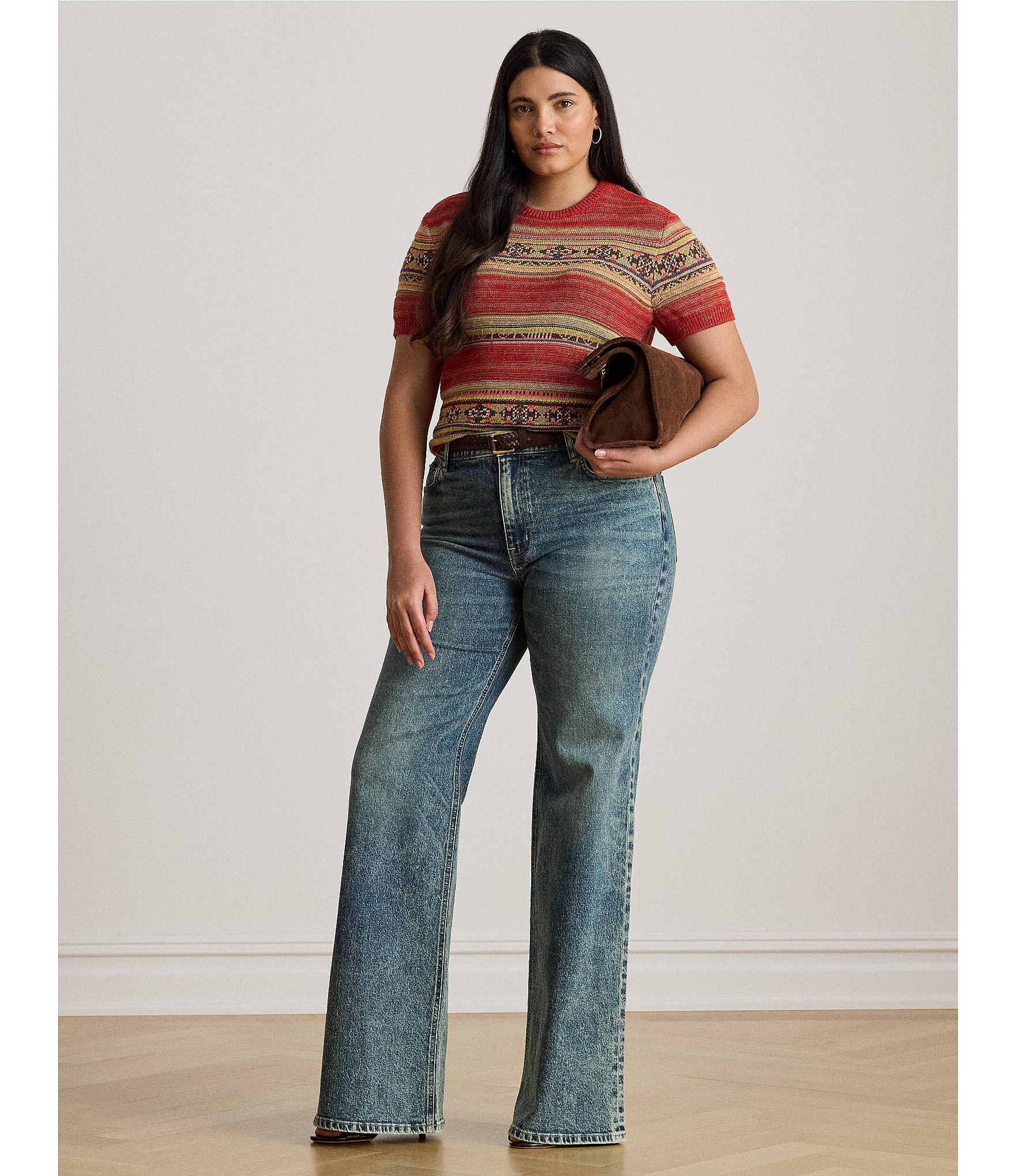 Lauren Ralph Lauren Plus Size Geometric Stripe Ribbed Crew Neck Short Sleeve Pullover Sweater
