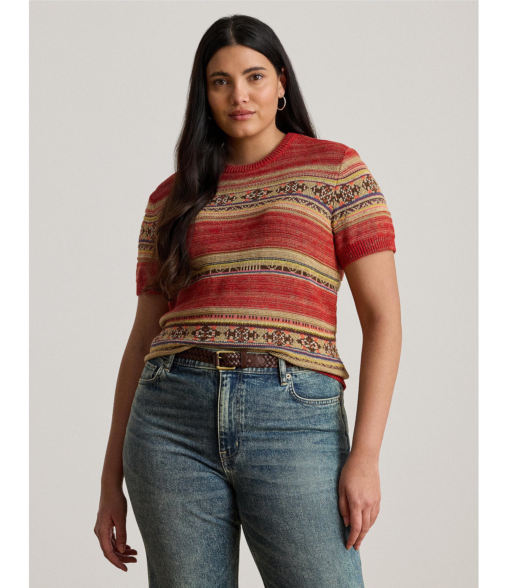 Lauren Ralph Lauren Plus Size Geometric Stripe Ribbed Crew Neck Short Sleeve Pullover Sweater