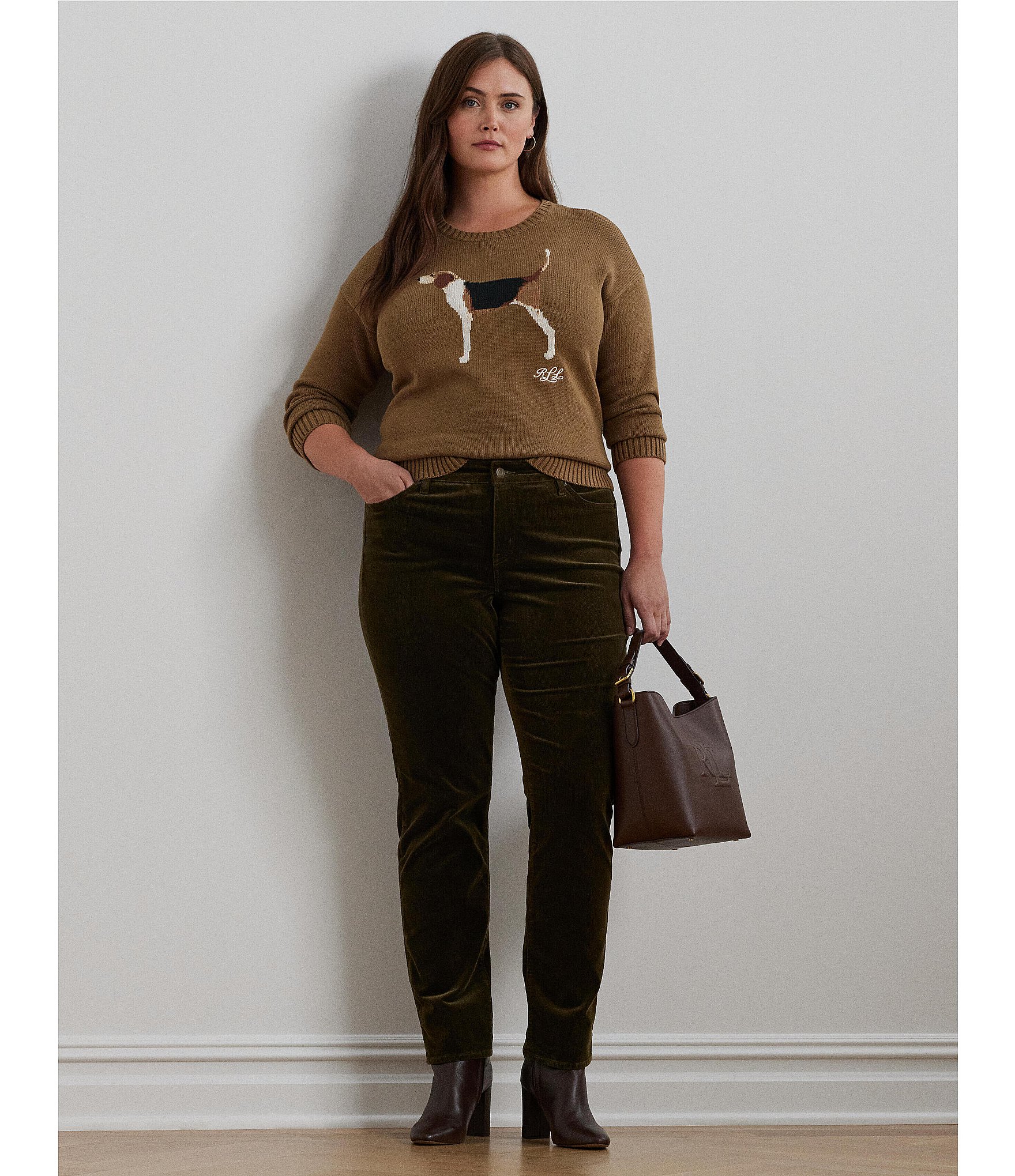 Lauren Ralph Lauren Plus Size Intarsia-Knit Beagle Crew Neck #double;LRL#double; Script Embroidered Sweater