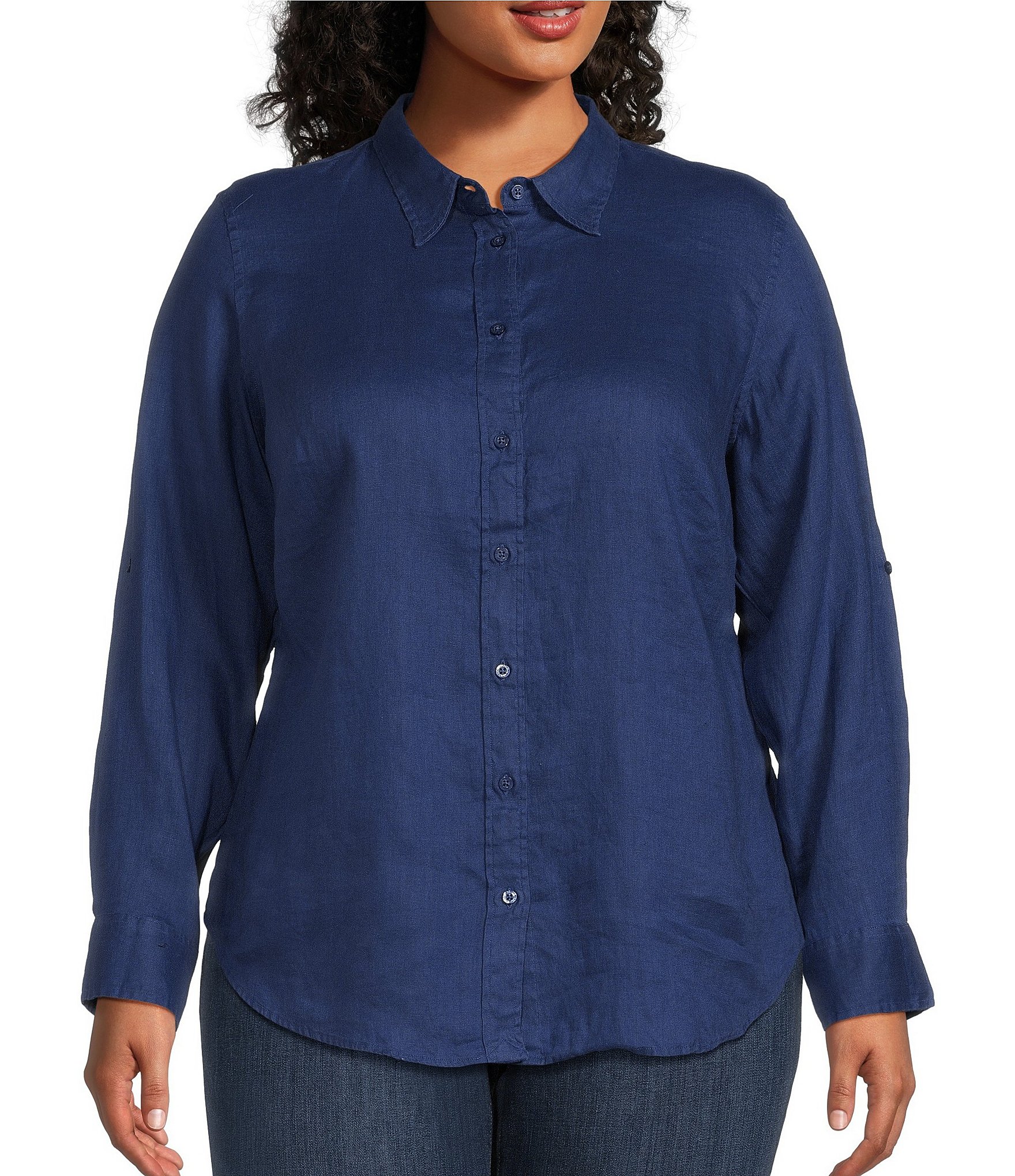 Lauren Ralph Lauren Plus Size Karrie Linen Roll-Tab Sleeve Collared Button  Down Collared Shirt | Dillard's