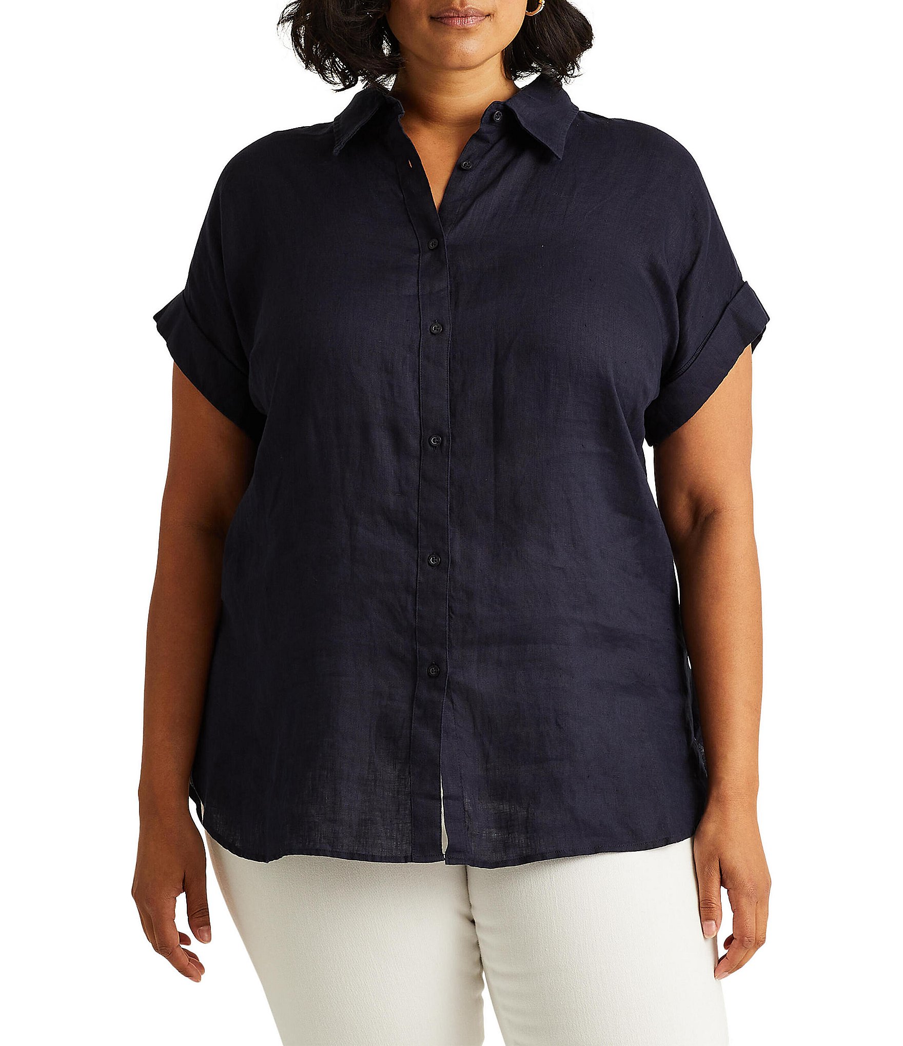 Lauren Ralph Lauren Plus Size Point Collar Short Sleeve Linen Shirt |  Dillard's