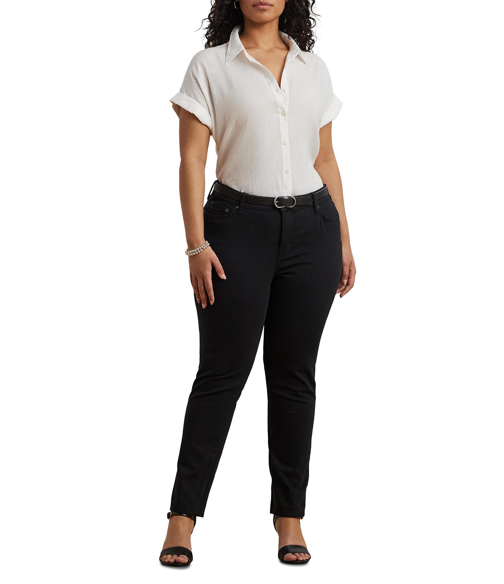 Lauren Ralph Lauren Plus Size Point Collar Short Sleeve Linen Shirt