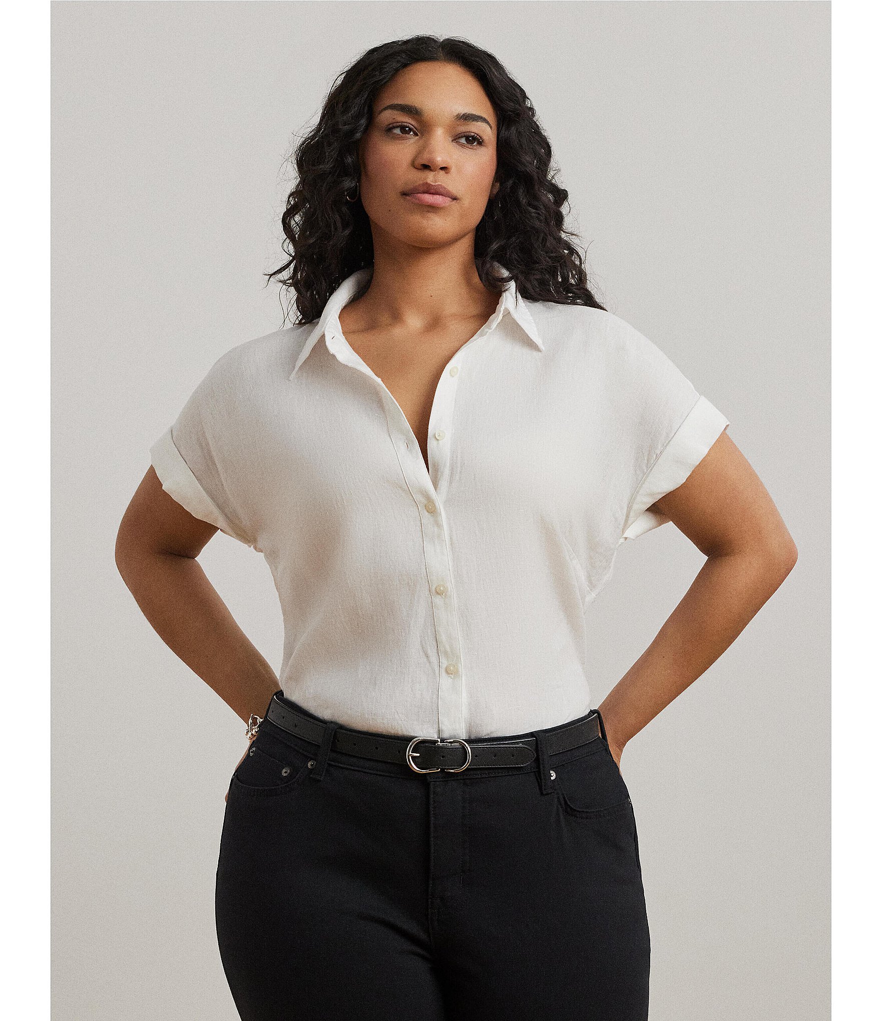 Lauren Ralph Lauren Plus Size Point Collar Short Sleeve Linen Shirt