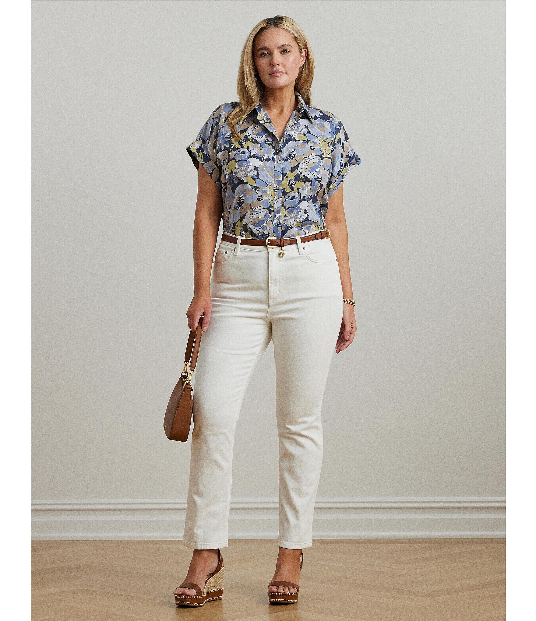 Lauren Ralph Lauren Plus Size Linen Floral Point Collar Short Rolled Cuff Sleeve Button-Front Shirt