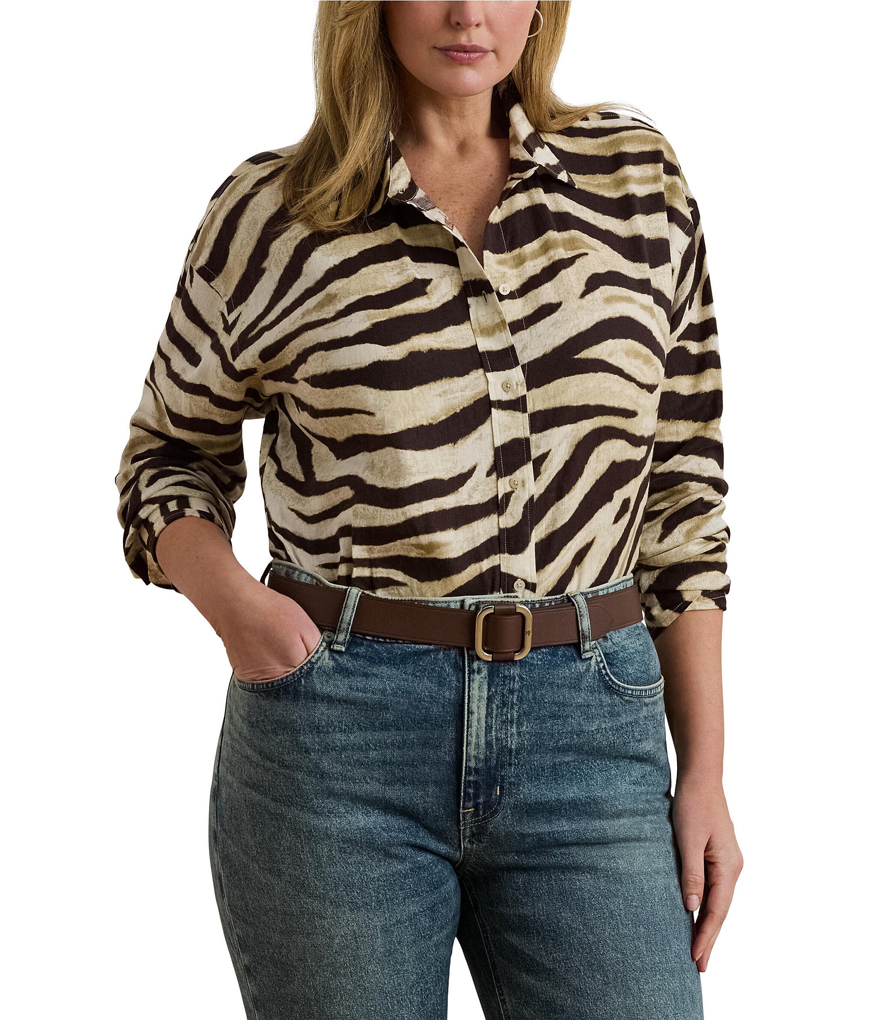 Lauren Ralph Lauren Plus Size Linen Zebra Print Point Collar Long Sleeve Button-Front Shirt