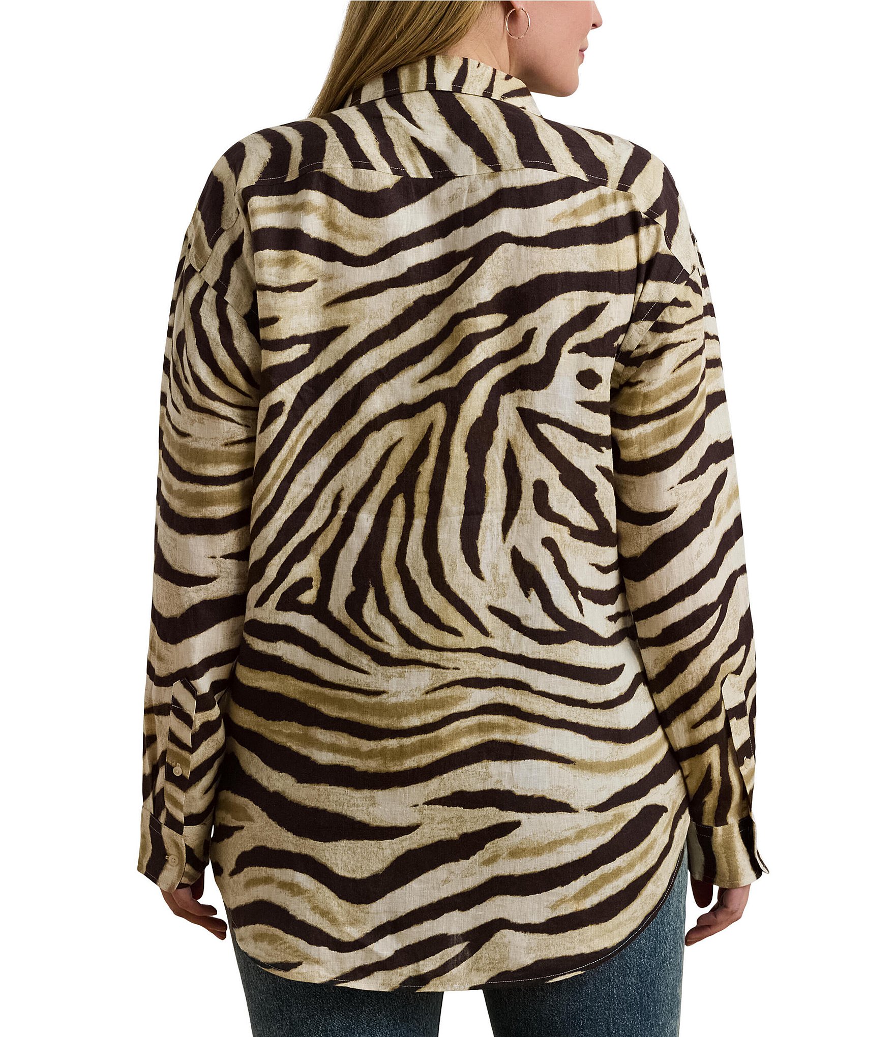 Lauren Ralph Lauren Plus Size Linen Zebra Print Point Collar Long Sleeve Button-Front Shirt