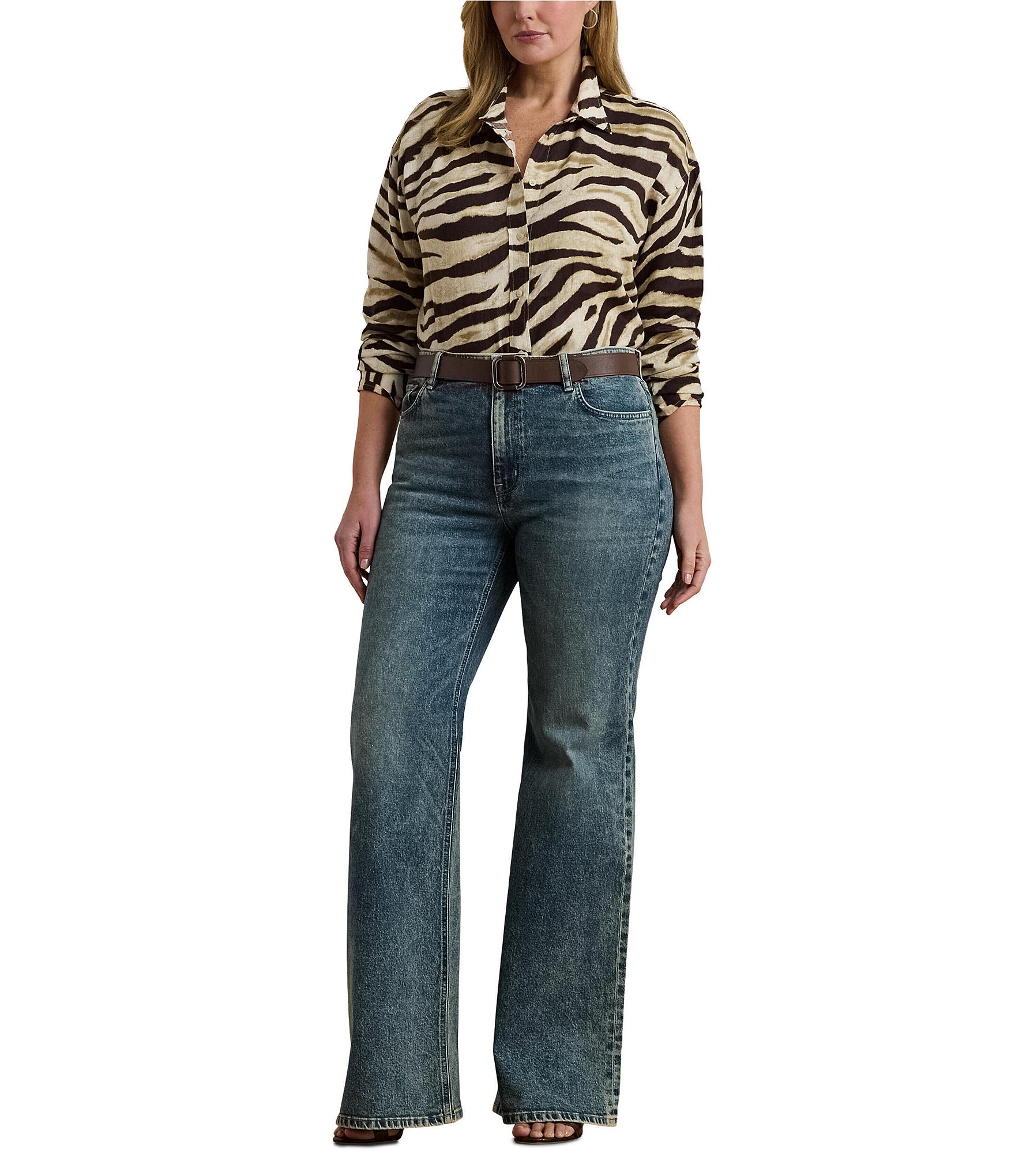 Lauren Ralph Lauren Plus Size Linen Zebra Print Point Collar Long Sleeve Button-Front Shirt