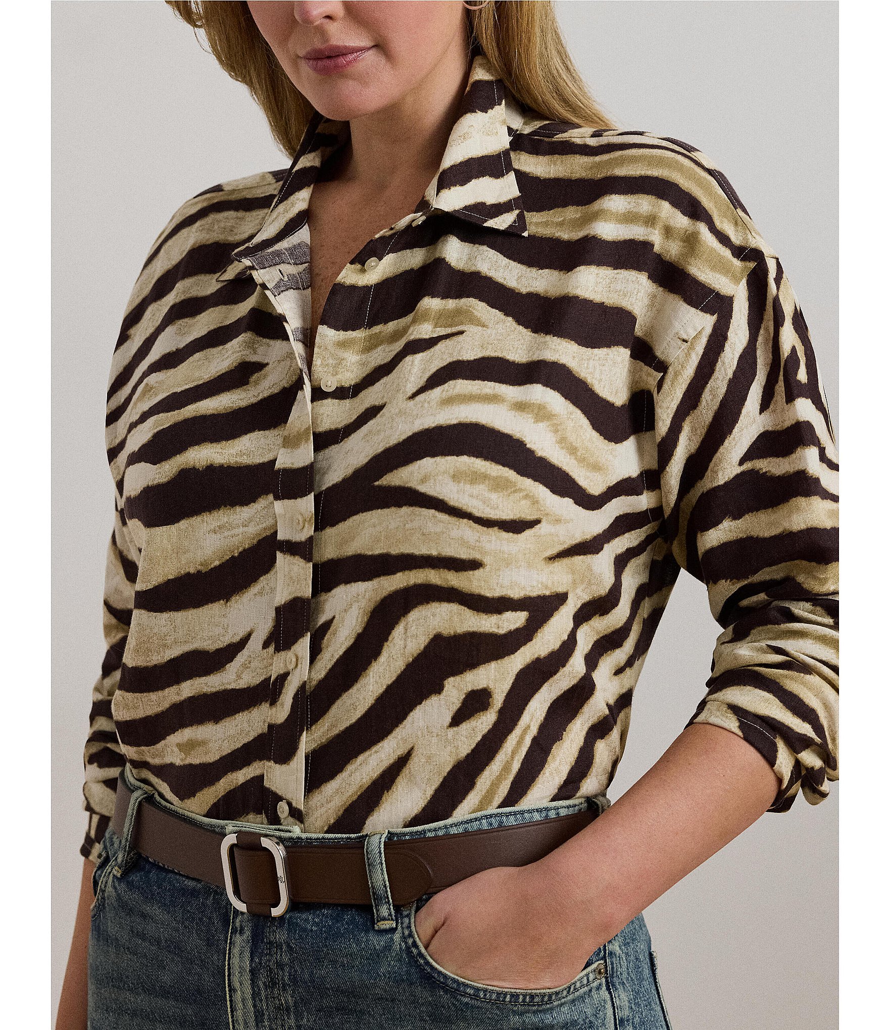 Lauren Ralph Lauren Plus Size Linen Zebra Print Point Collar Long Sleeve Button-Front Shirt