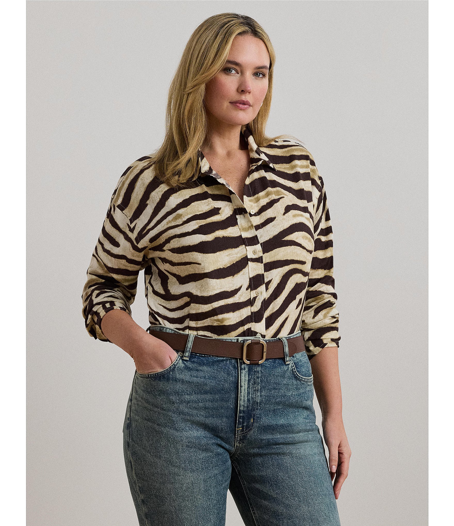 Lauren Ralph Lauren Plus Size Linen Zebra Print Point Collar Long Sleeve Button-Front Shirt
