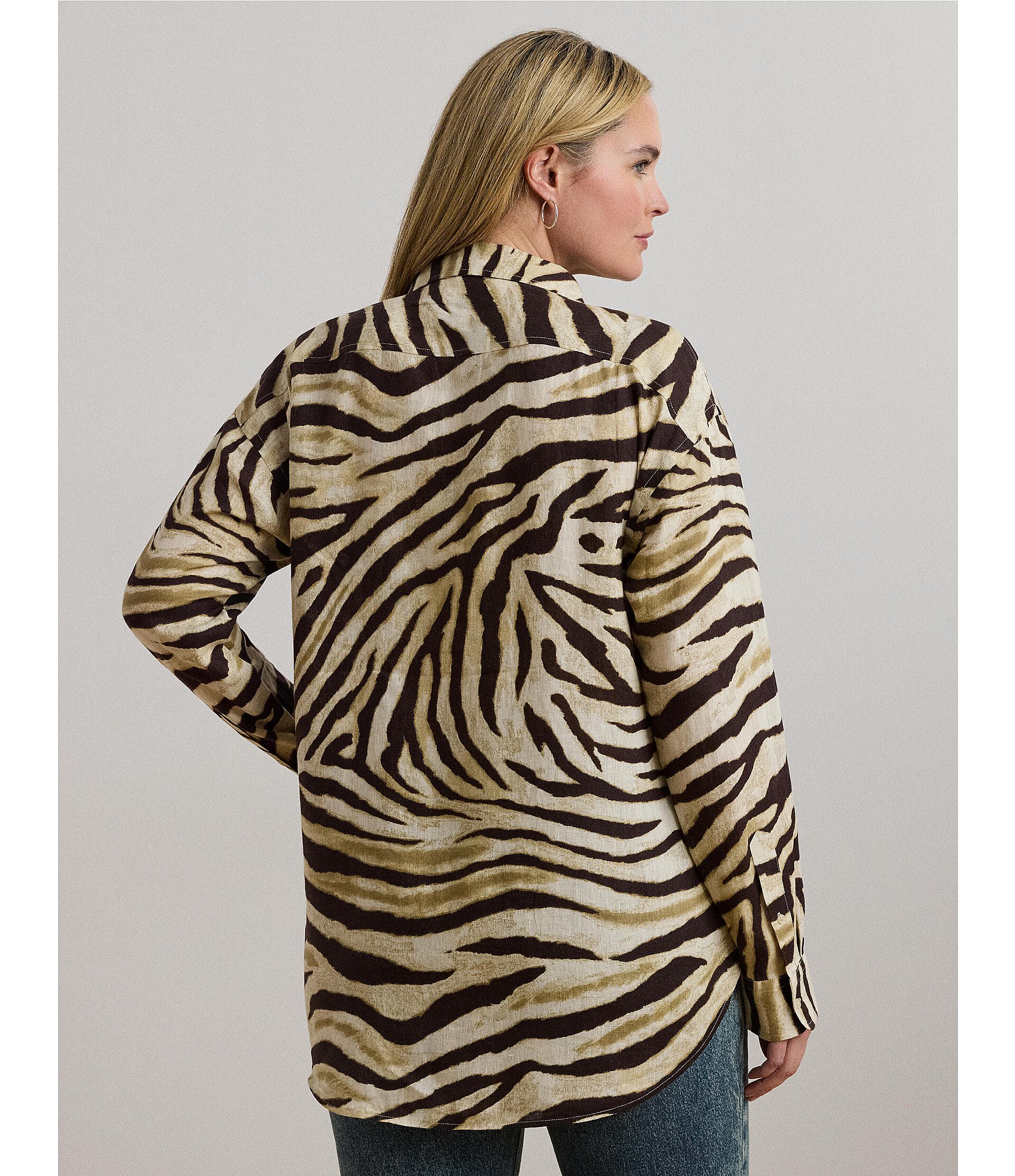 Lauren Ralph Lauren Plus Size Linen Zebra Print Point Collar Long Sleeve Button-Front Shirt