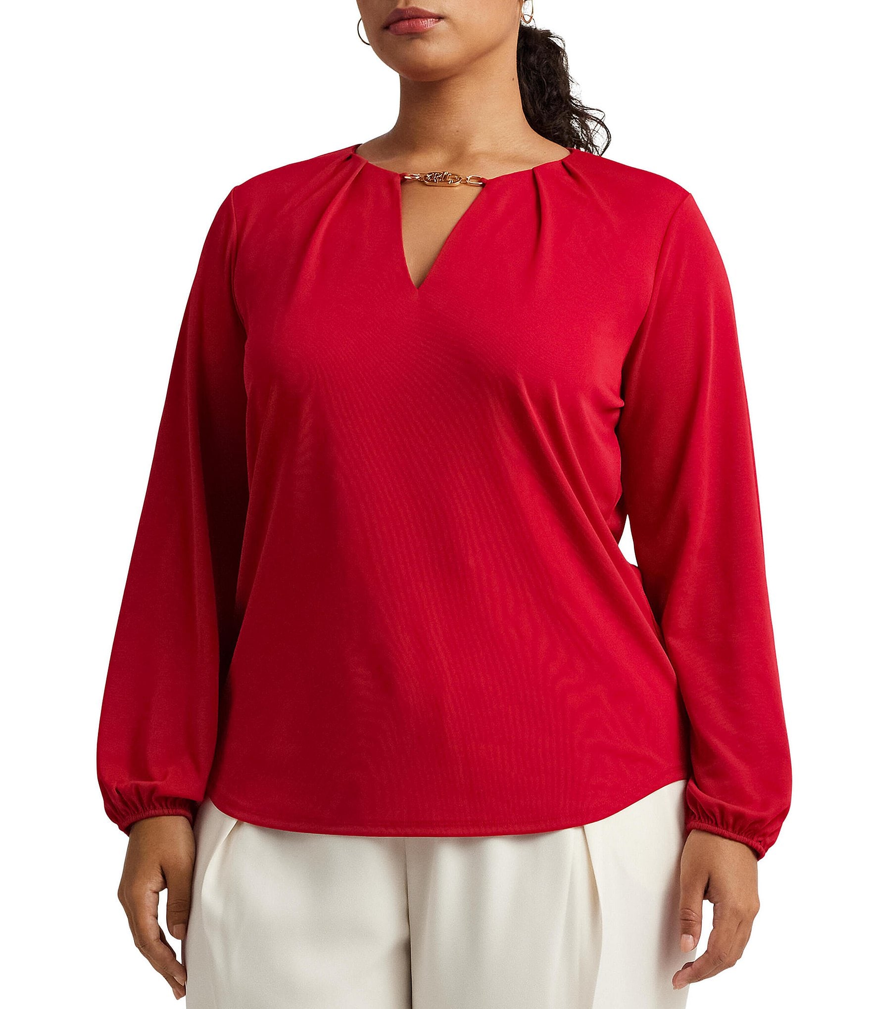 Lauren by Ralph Lauren Plus Size Satin Long Sleeve Buttoned Top in Red