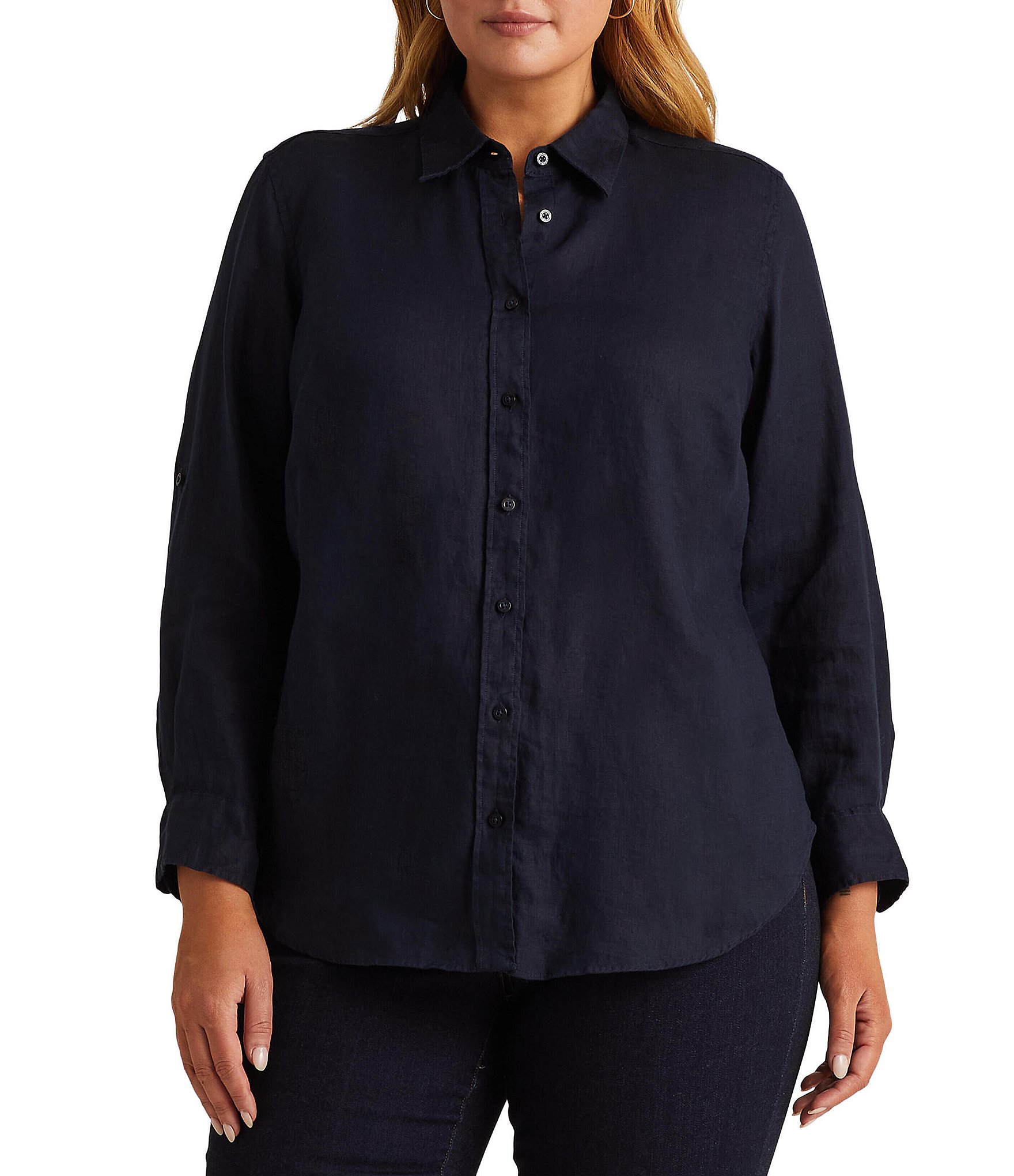 Lauren Ralph Lauren Plus Size Point Collar Long Roll-Tab Sleeve Button  Front Linen Shirt | Dillard's