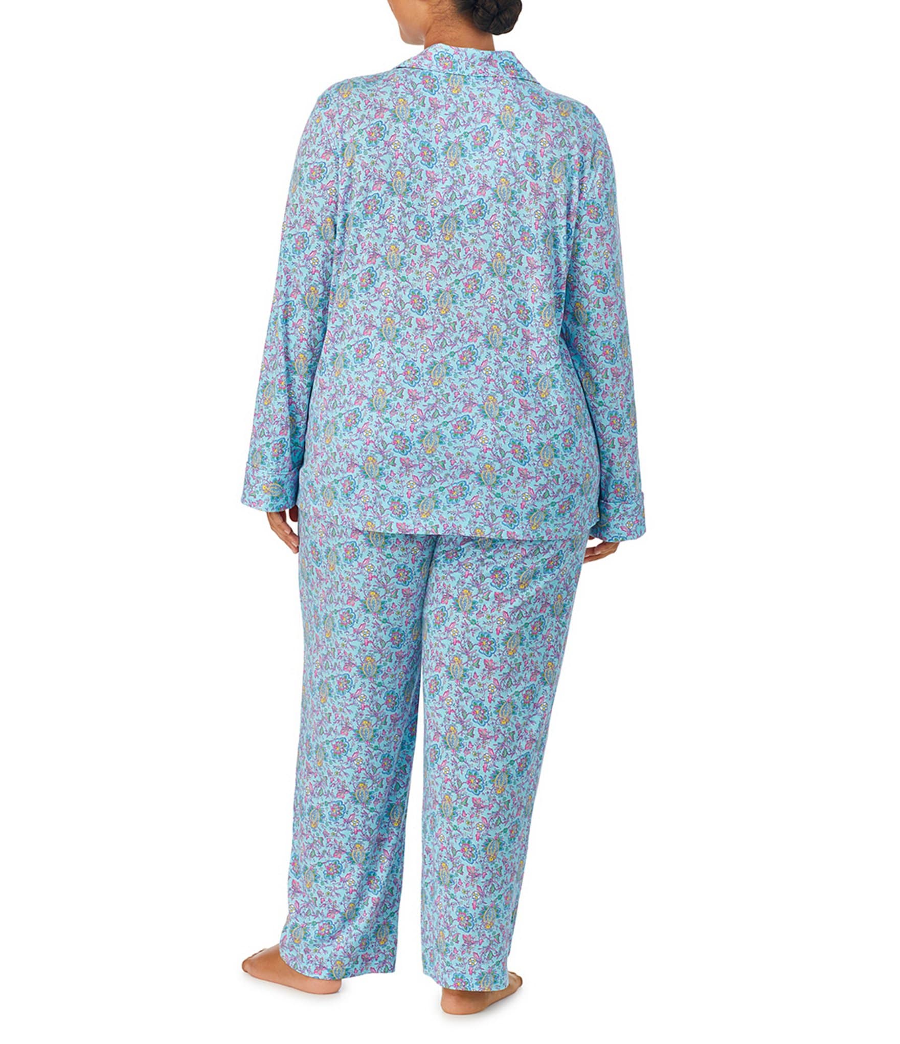 Lauren Ralph Lauren Plus Size Long Sleeve Notch Collar Knit Paisley Print Pajama Set