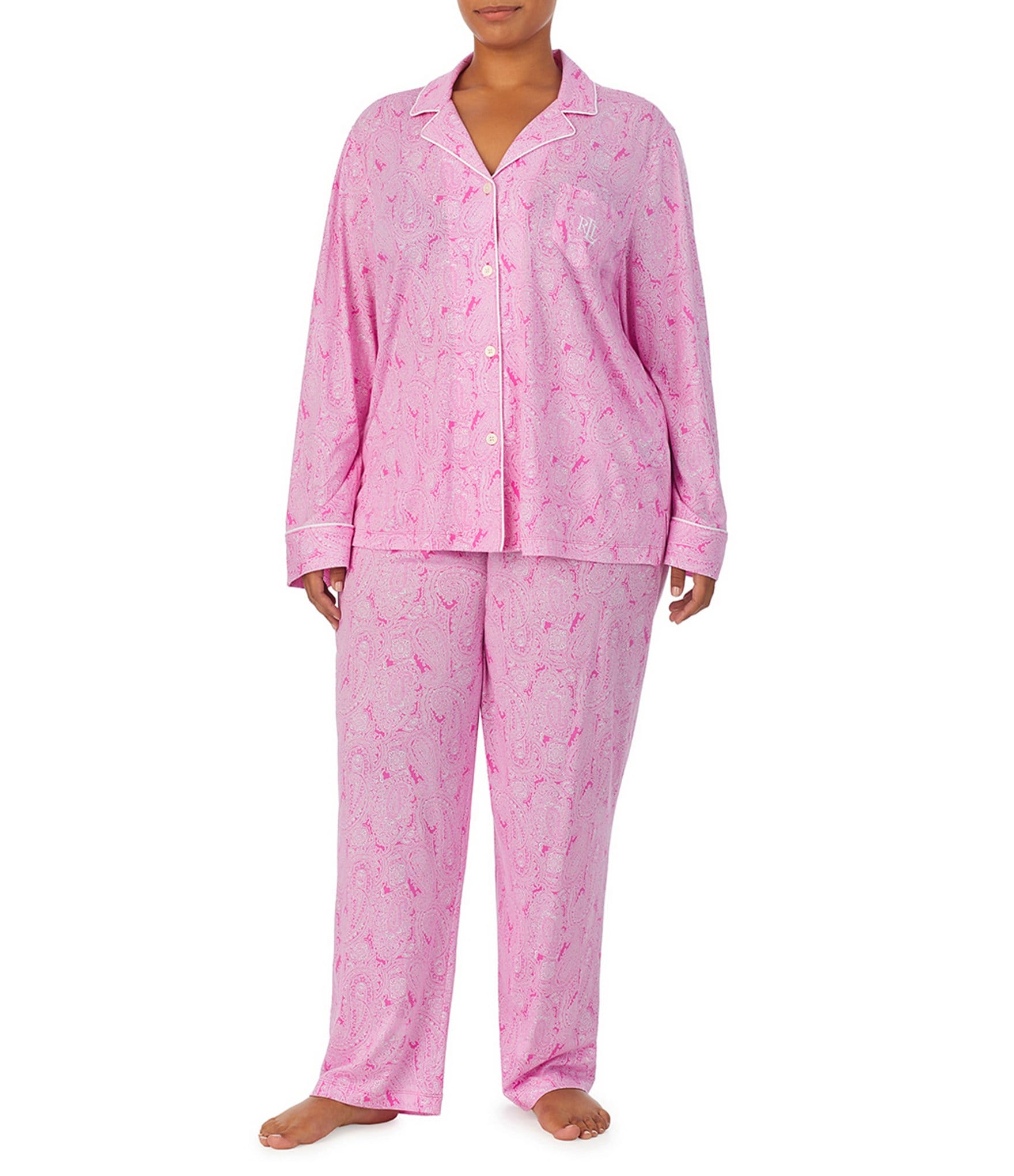 Lauren Ralph Lauren Plus Size Long Sleeve Notch Collar Knit Paisley Print Pajama Set - 1x