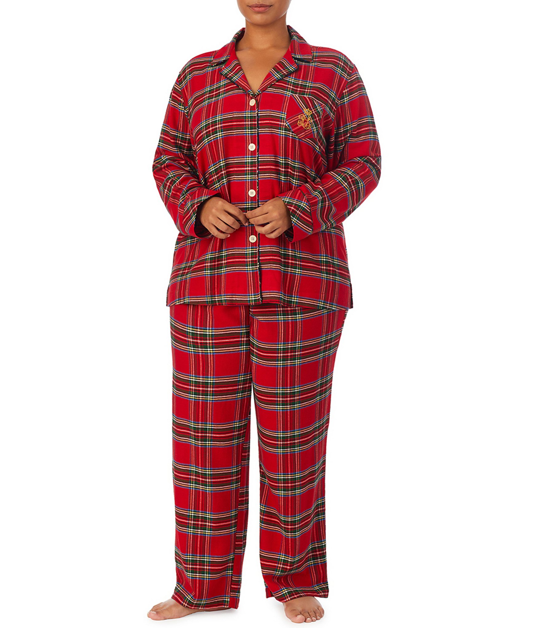 Lauren Ralph Lauren Plus Size Long Sleeve Notch Collar Long Pant Brushed  Twill Plaid Pajama Set
