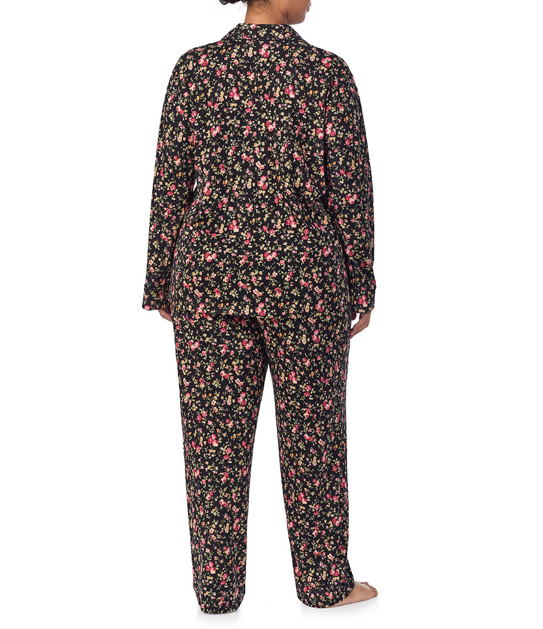 Lauren Ralph Lauren Plus Size Long Sleeve Notch Collar Long Pant Floral Knit Pajama Set