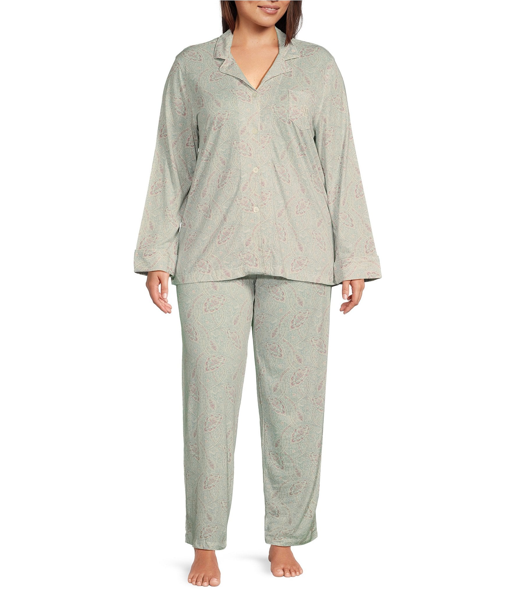 Lauren Ralph Lauren Plus Size Long Sleeve Notch Collar Long Pant Knit Paisley Print Pajama Set