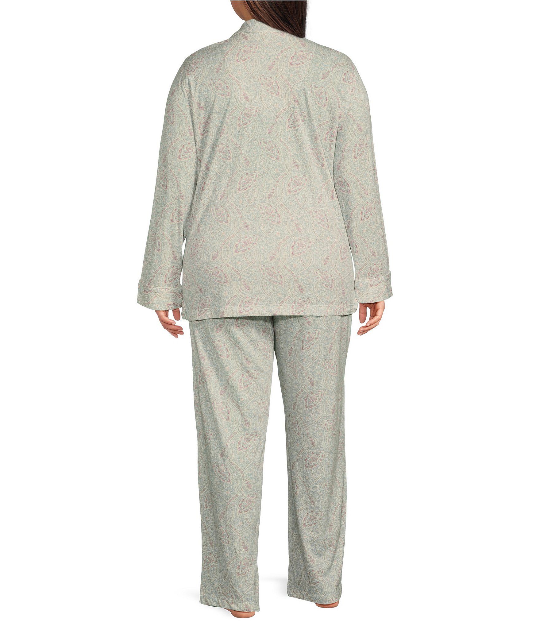 Lauren Ralph Lauren Plus Size Long Sleeve Notch Collar Long Pant Knit Paisley Print Pajama Set