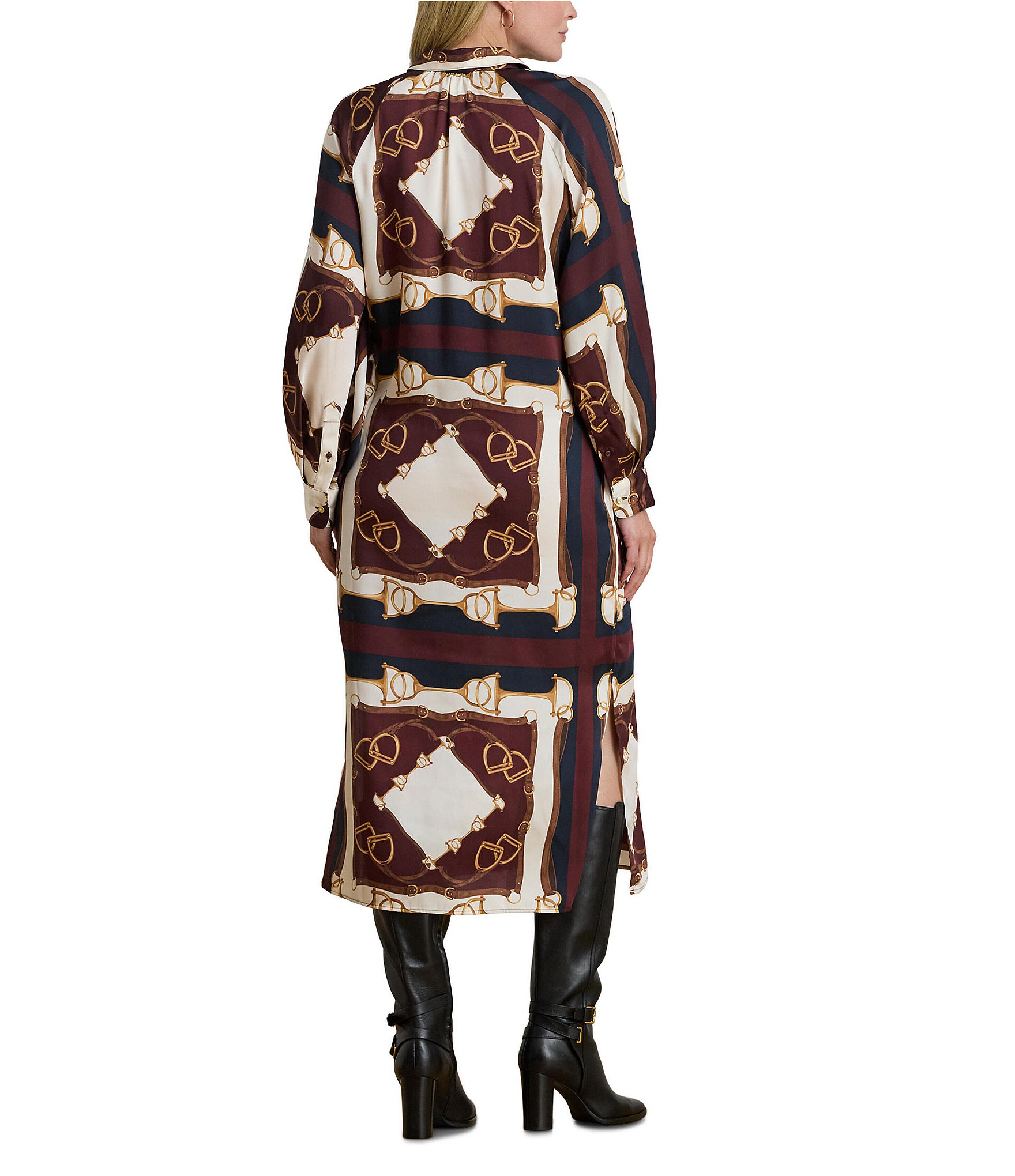 Lauren Ralph Lauren Plus Size Luxe Twill Equestrian-Inspired Print Point Collar Long Sleeve Button Front Midi Shirtdress