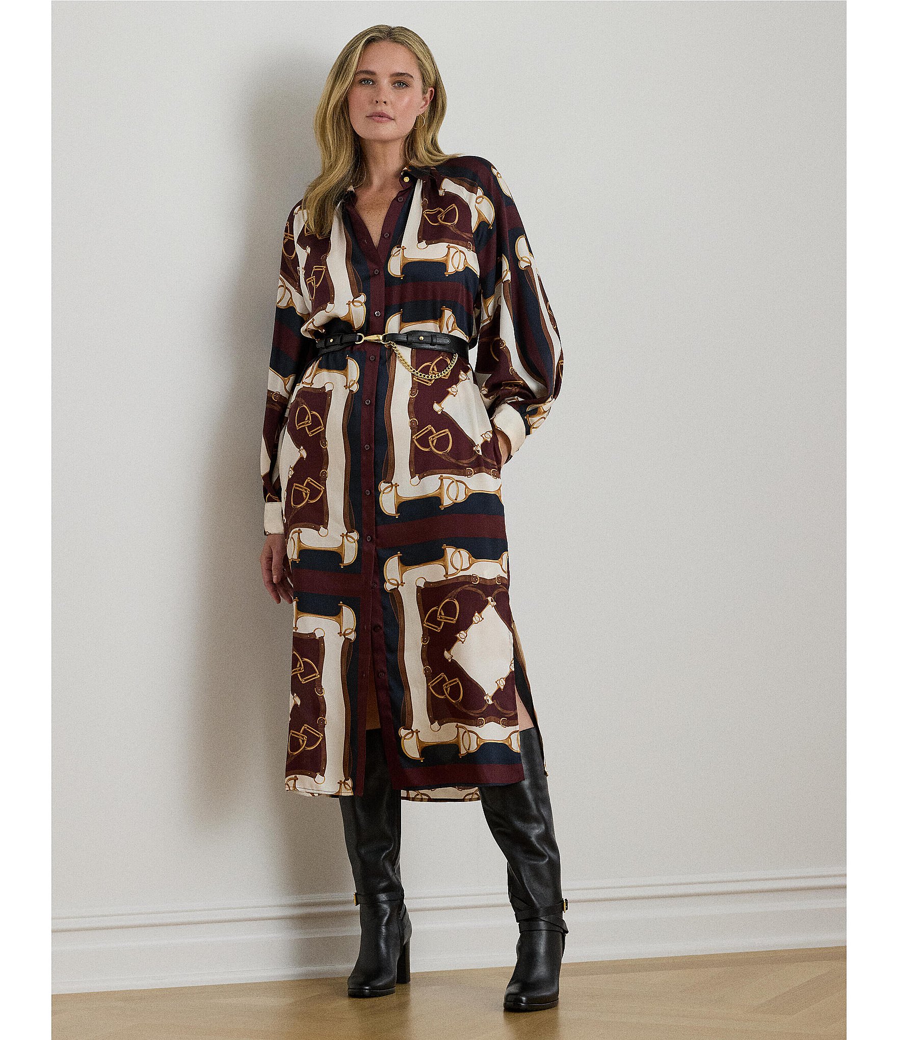Lauren Ralph Lauren Plus Size Luxe Twill Equestrian-Inspired Print Point Collar Long Sleeve Button Front Midi Shirtdress