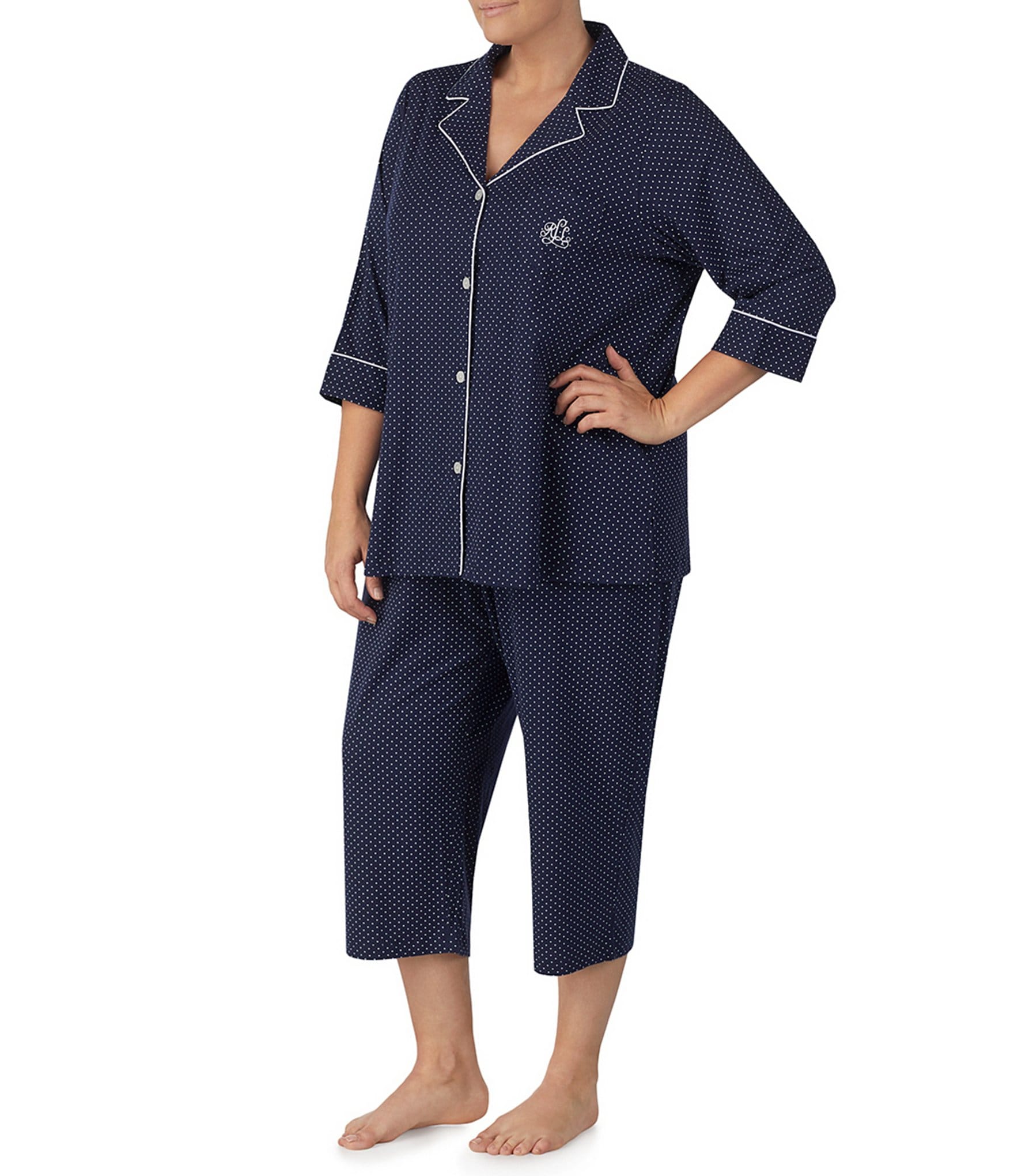 Lauren Ralph Lauren Plus Size Paisley Print Notch Collar 3/4 Sleeve Capri  Pajama Set