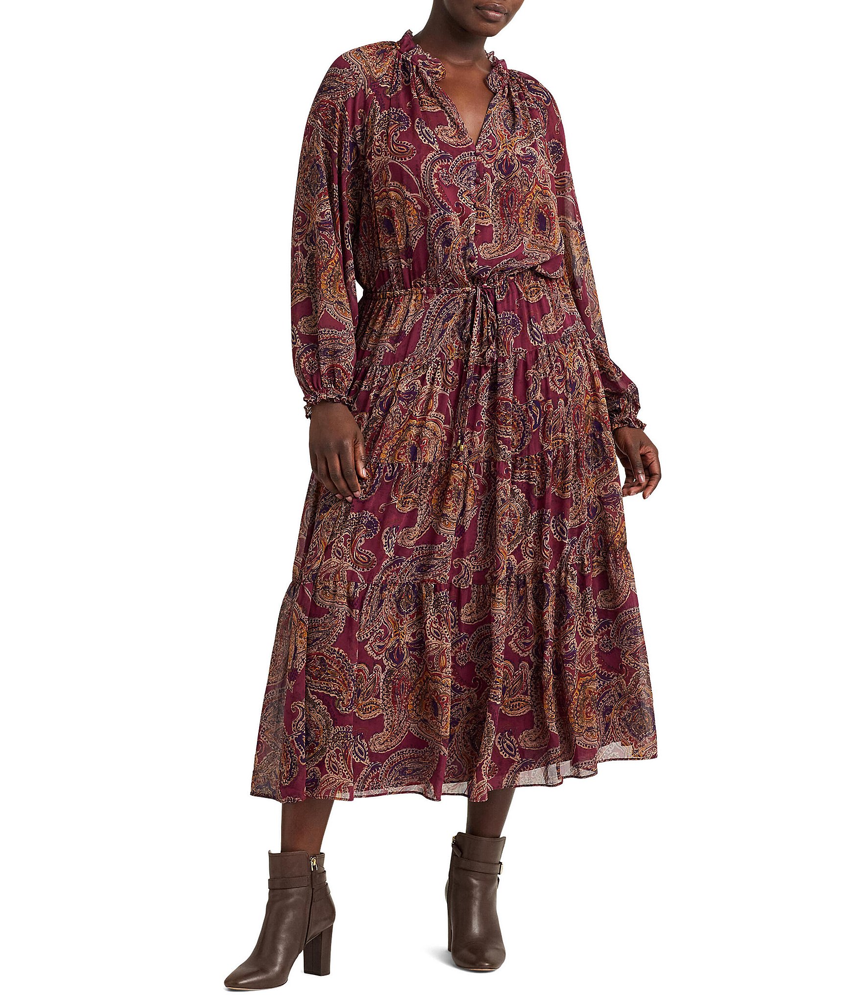 Lauren Ralph Lauren Plus Size Paisley Print Crinkled Georgette Tiered Dress | Dillard's