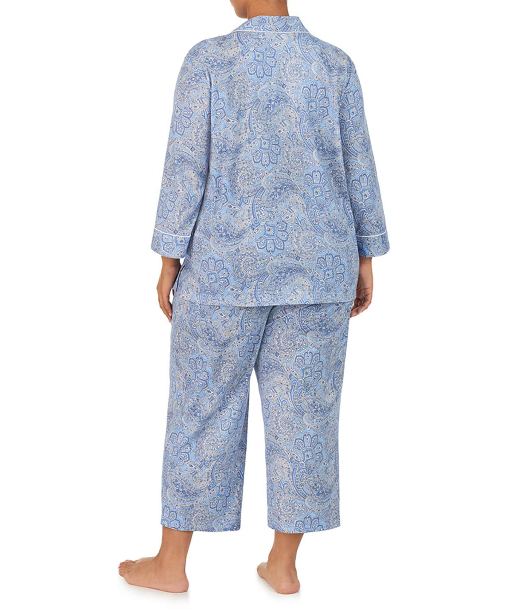 Lauren Ralph Lauren Plus Size Paisley Print Notch Collar 3/4 Sleeve Button Front Capri Pajama Set