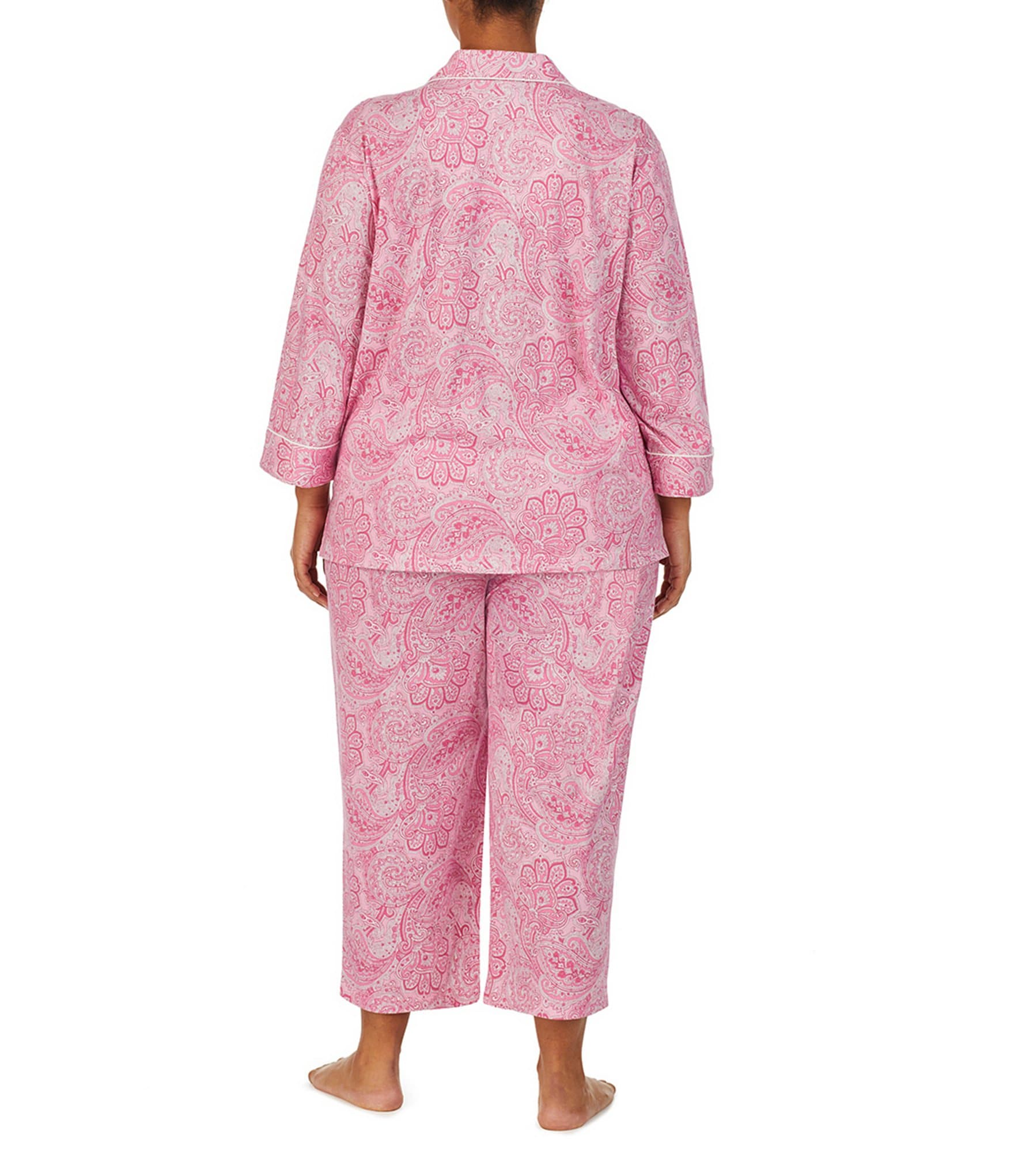 Lauren Ralph Lauren Plus Size Paisley Print Notch Collar 3/4 Sleeve Capri Pajama Set