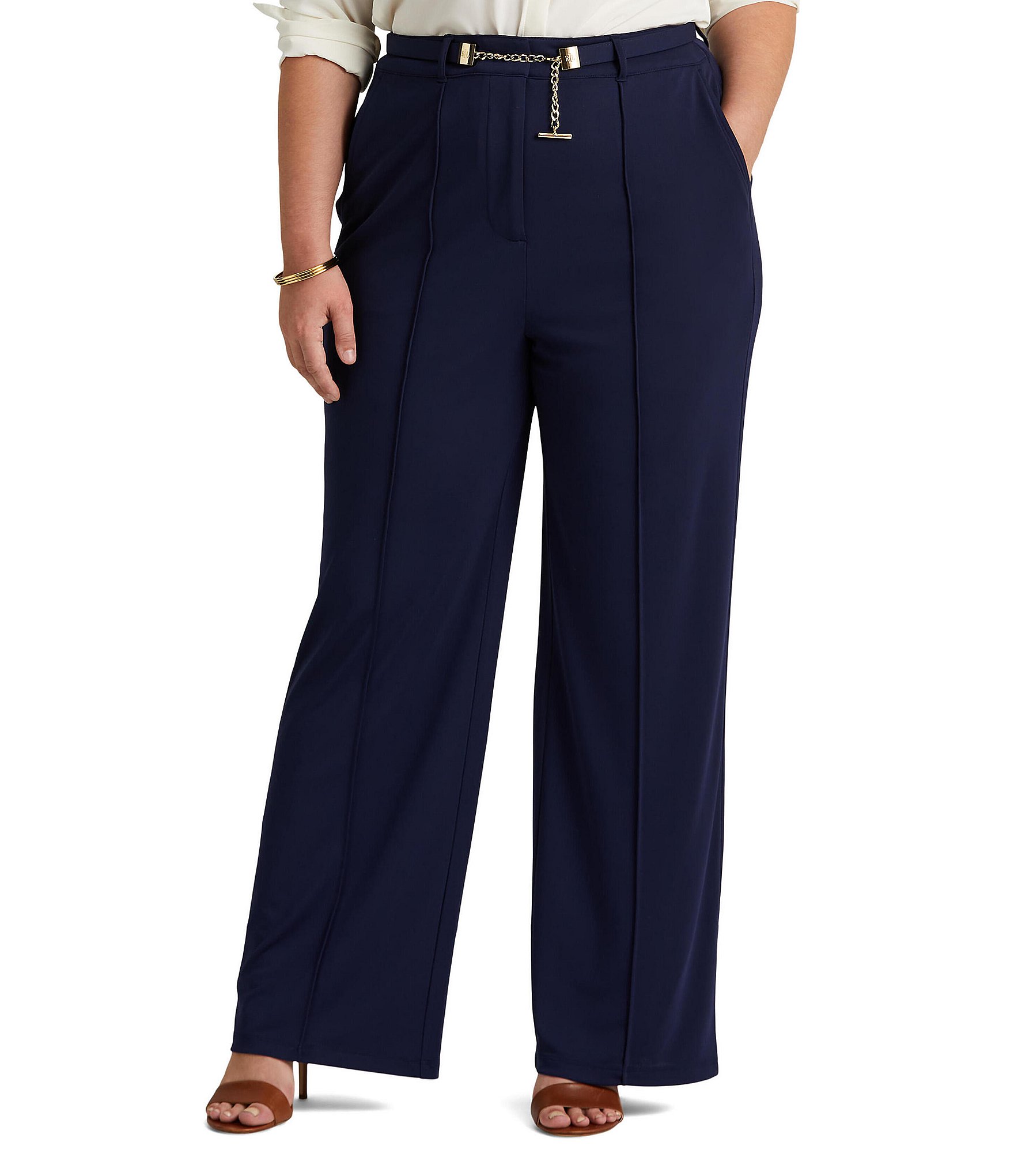 Lauren Ralph Lauren Plus Size Pintuck Seam Belted Wide-Leg Jersey Pants ...