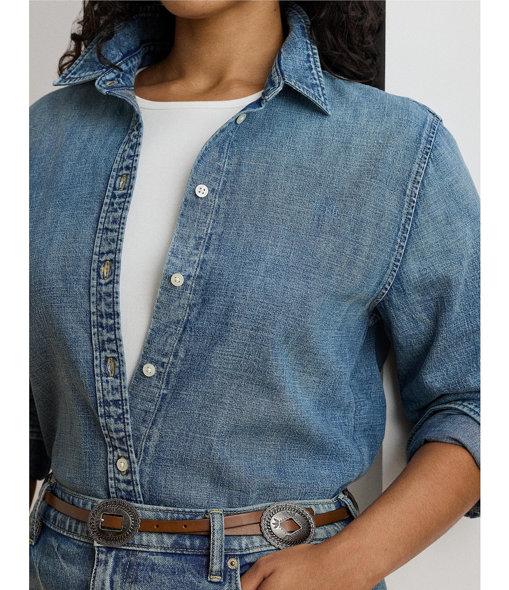 Lauren Ralph Lauren Plus Size Point Collar Long Sleeve Button-Front Shirt