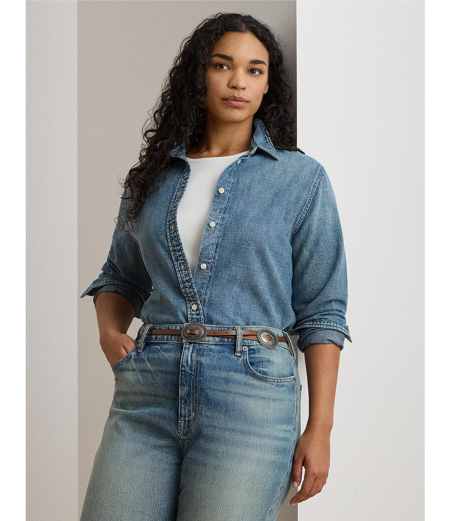 Lauren Ralph Lauren Plus Size Point Collar Long Sleeve Button-Front Shirt