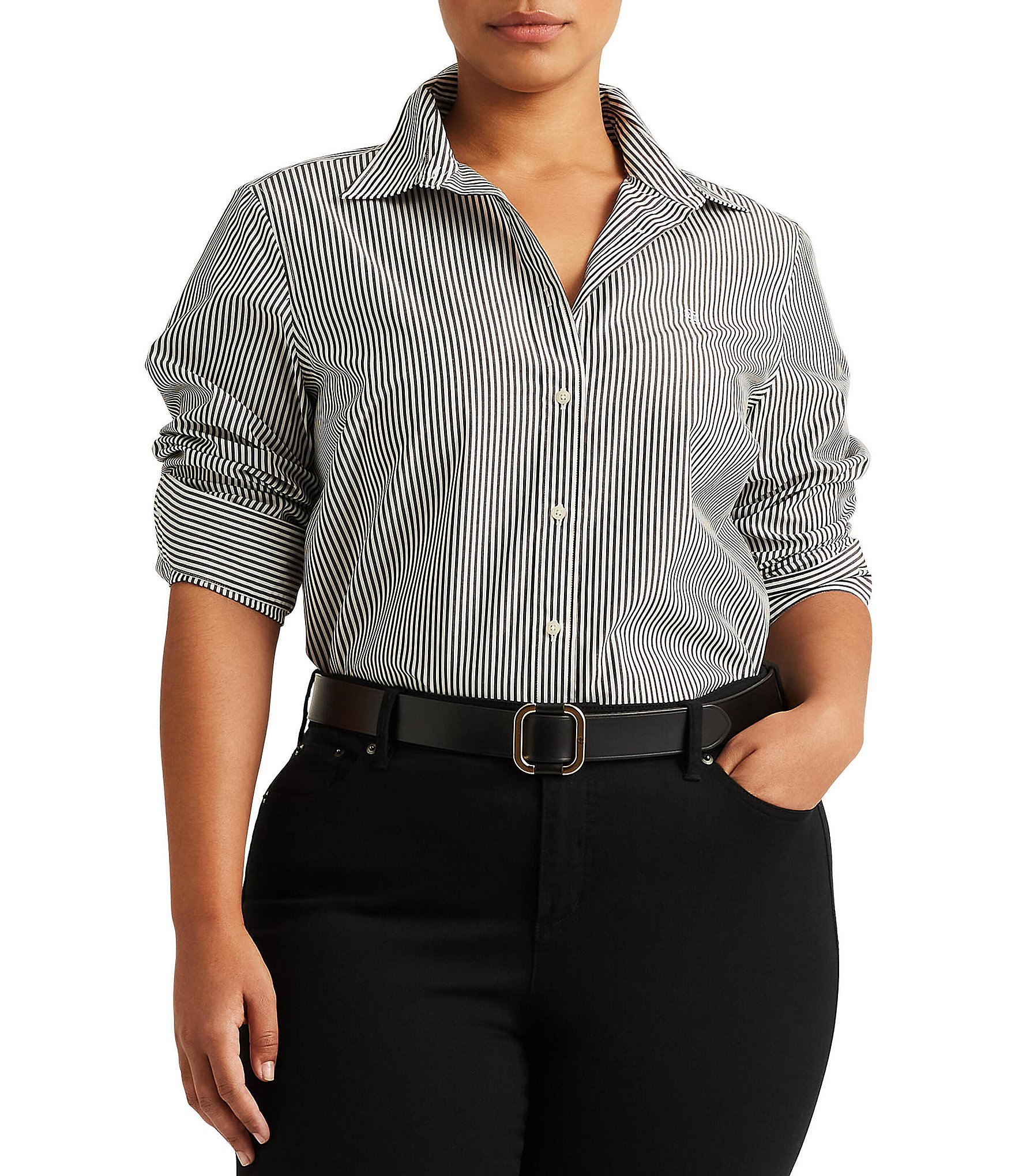 Lauren Ralph Lauren Plus-Striped Easy Care Cotton Shirt, Black, White, Size 1x