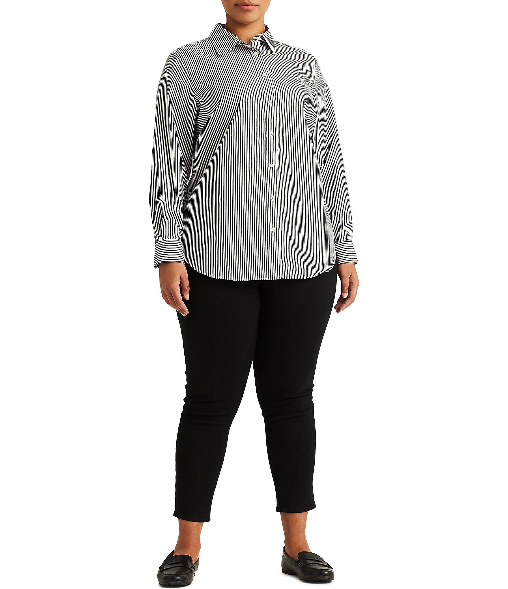 Lauren Ralph Lauren Plus Size Easy Care Striped Print Point Collar Shirttail Hem Long Sleeve Shirt