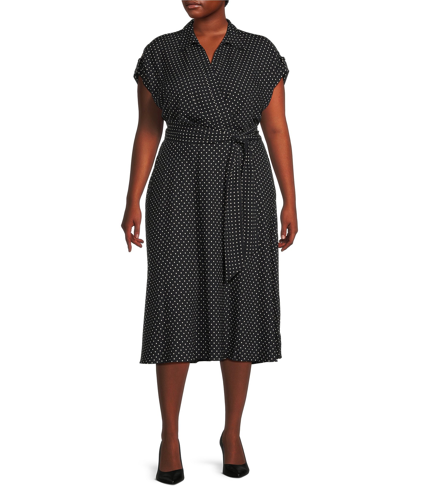 Lauren Ralph Lauren Plus Size Polka-Dot Crepe Collared V