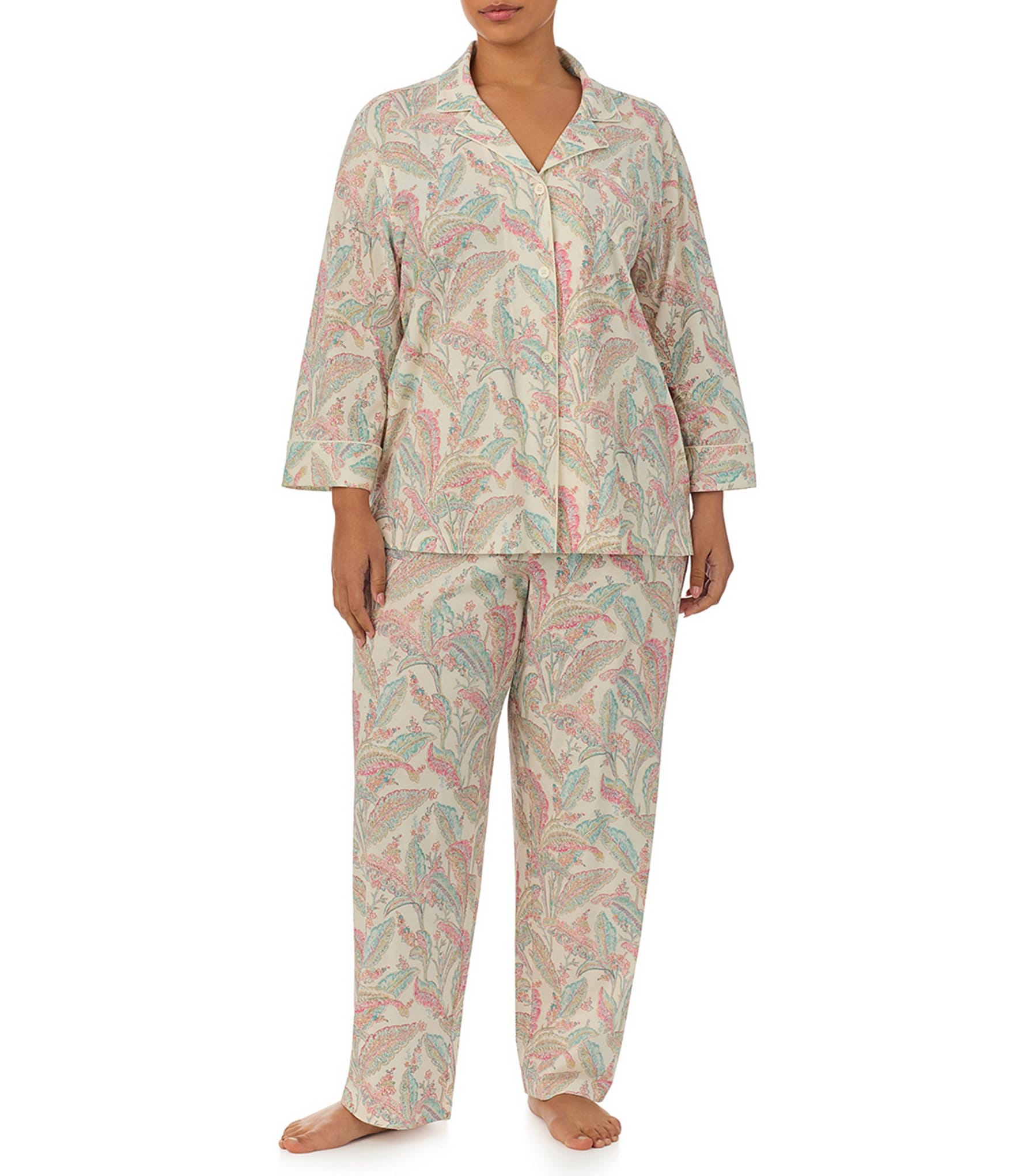 Lauren Ralph Lauren Plus Size Printed 3 4 Sleeve Notch Collar Pajama Set Dillard s