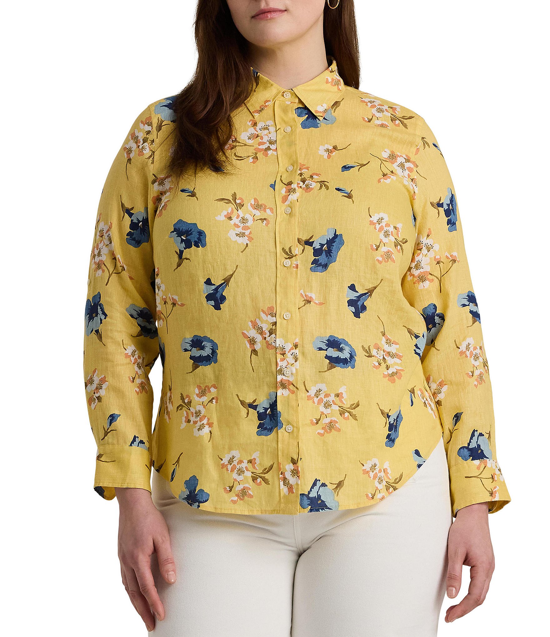 Lauren Ralph Lauren Plus Size Relaxed Fit Floral Linen Point Collar ...