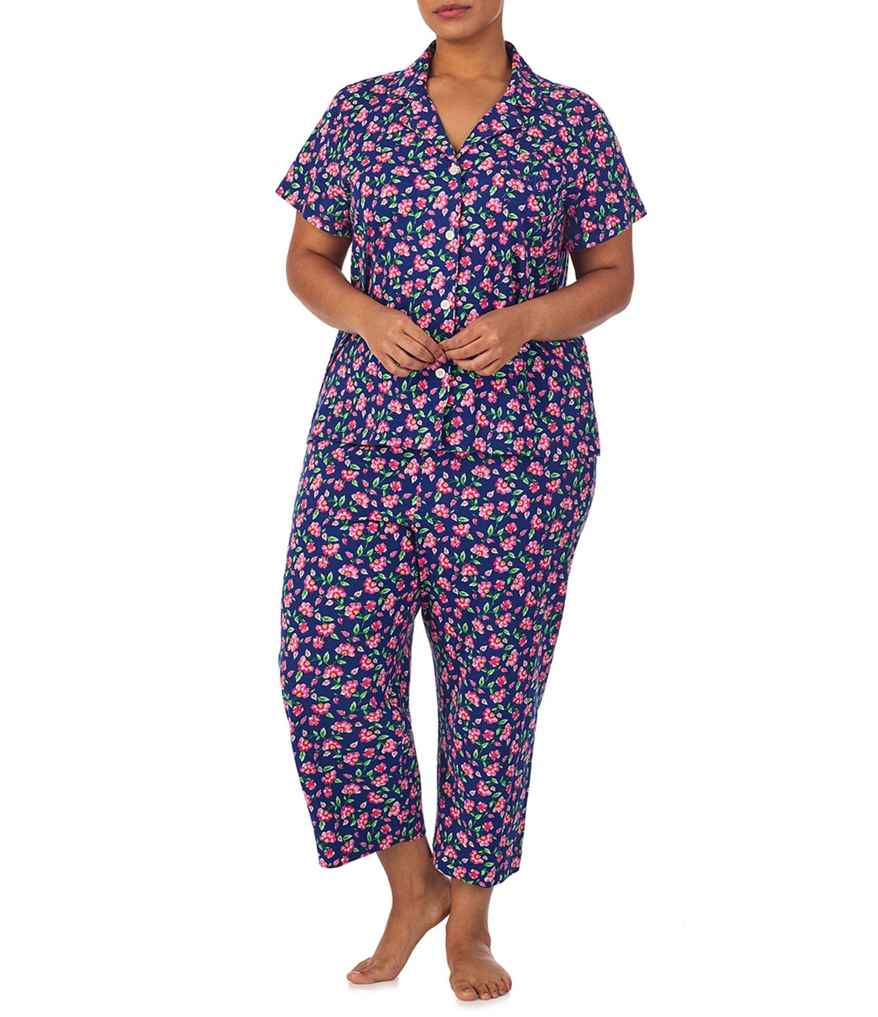 Lauren Ralph Lauren Plus Size Short Sleeve Notch Collar Jersey Knit Multi Floral Cropped Pant Pajama Set The Shops at Willow Bend