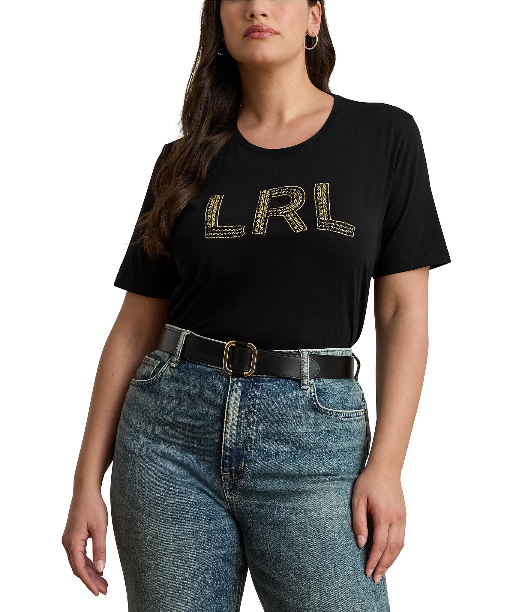 Lauren Ralph Lauren Plus Size Soft Jersey Cotton Crew Neck Short Sleeve Beaded Logo Tee