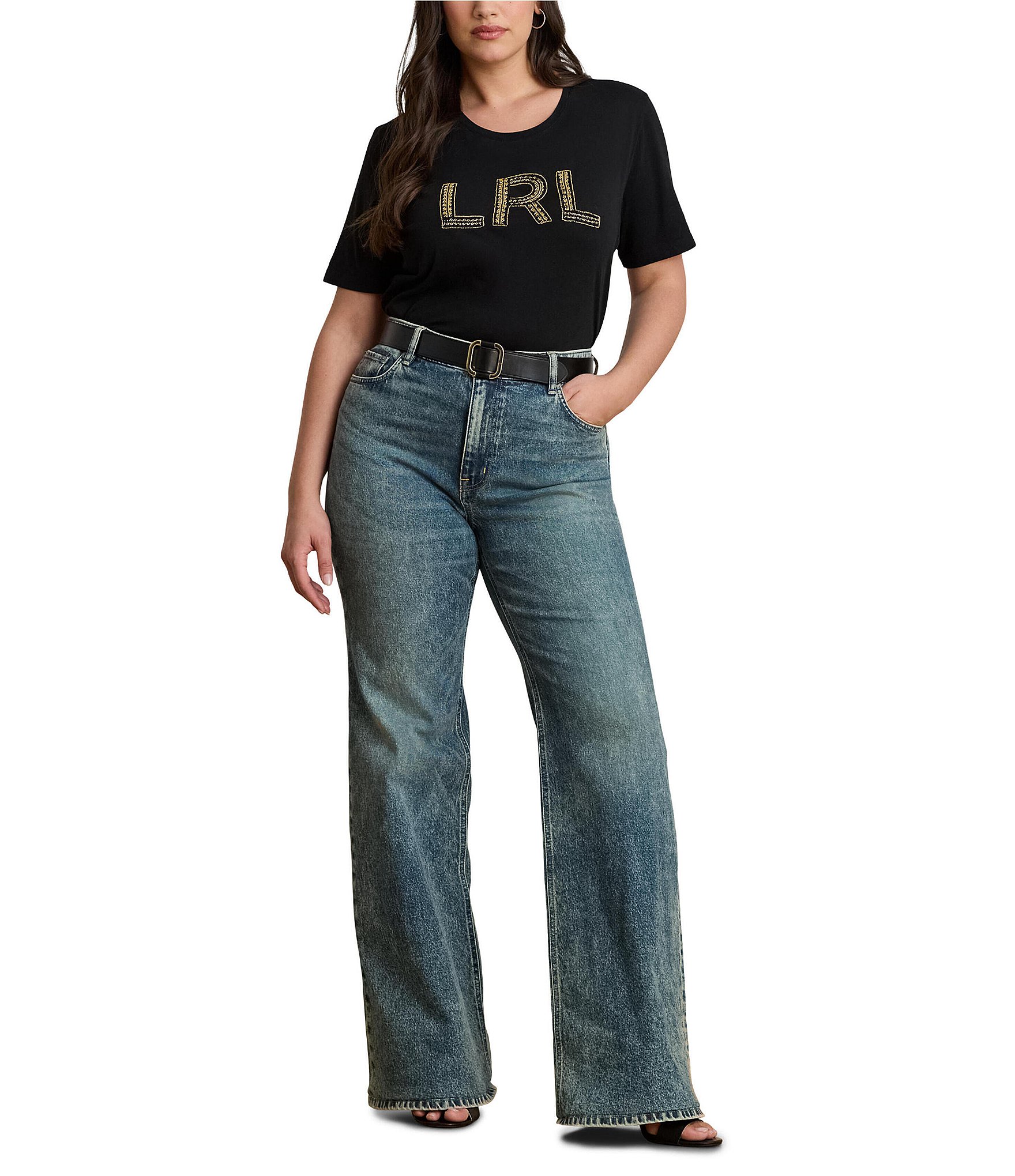Lauren Ralph Lauren Plus Size Soft Jersey Cotton Crew Neck Short Sleeve Beaded Logo Tee