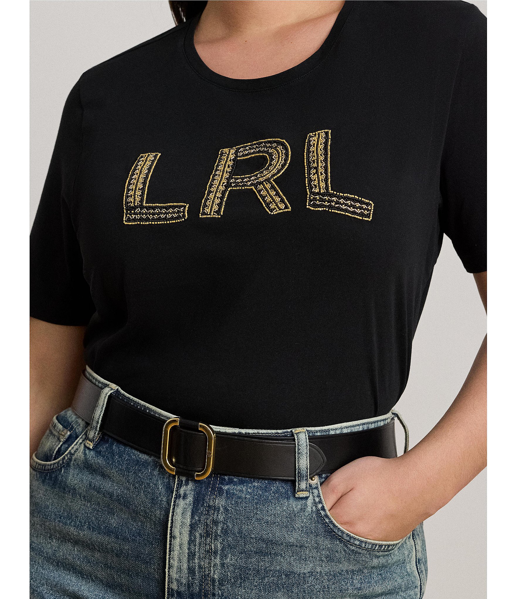 Lauren Ralph Lauren Plus Size Soft Jersey Cotton Crew Neck Short Sleeve Beaded Logo Tee