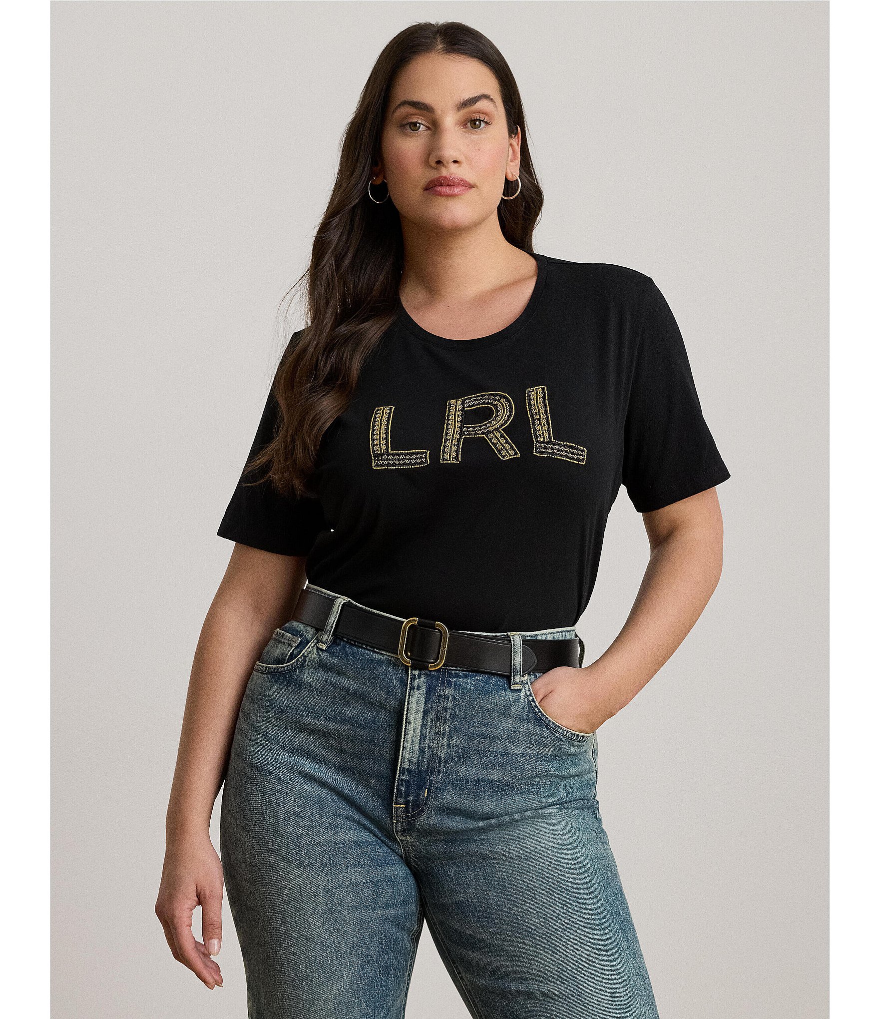 Lauren Ralph Lauren Plus Size Soft Jersey Cotton Crew Neck Short Sleeve Beaded Logo Tee